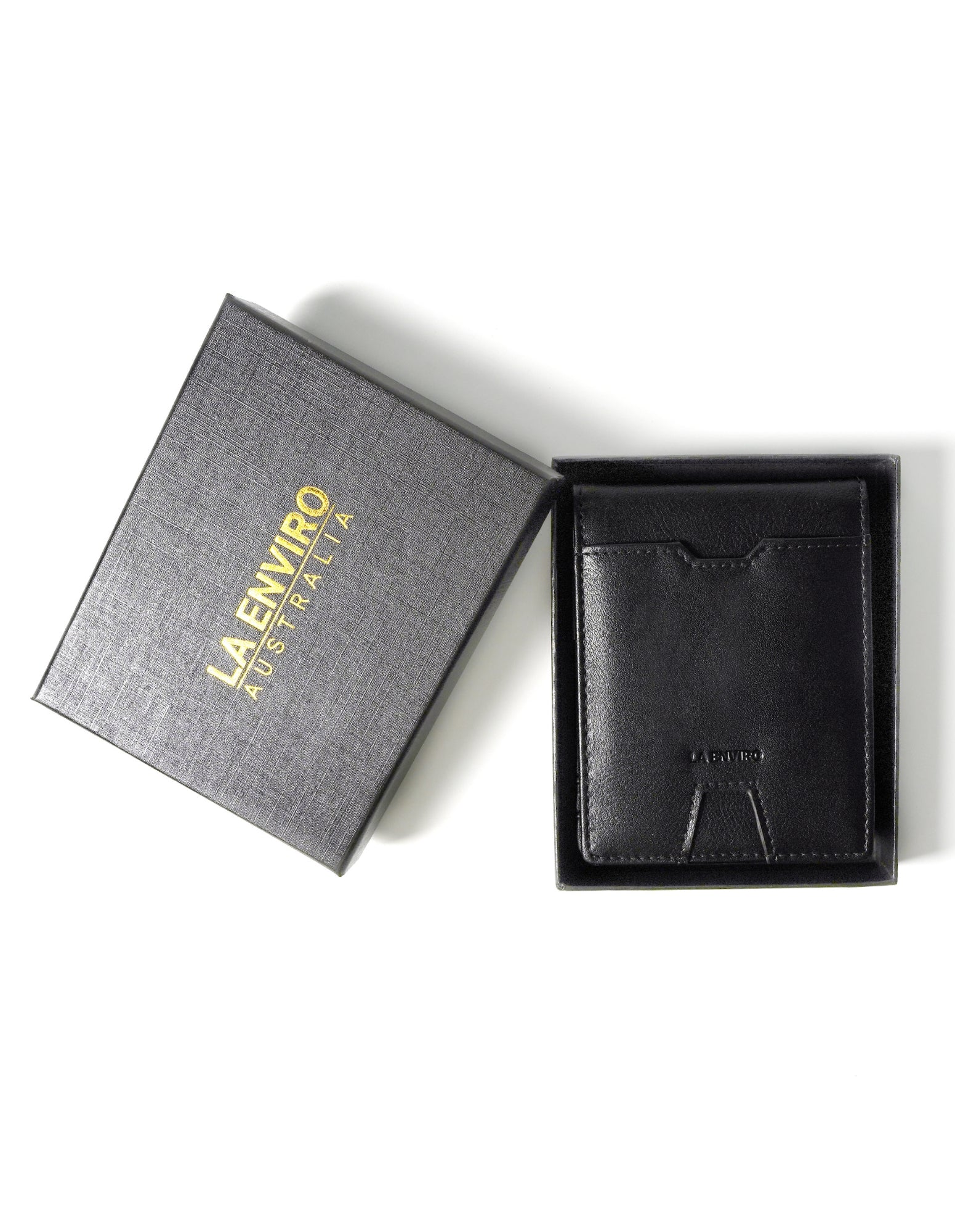 YAMBA Wallet I Black made from high-quality vegan leather, featuring a slim bifold design with card slots, money clip, and coin pocket.