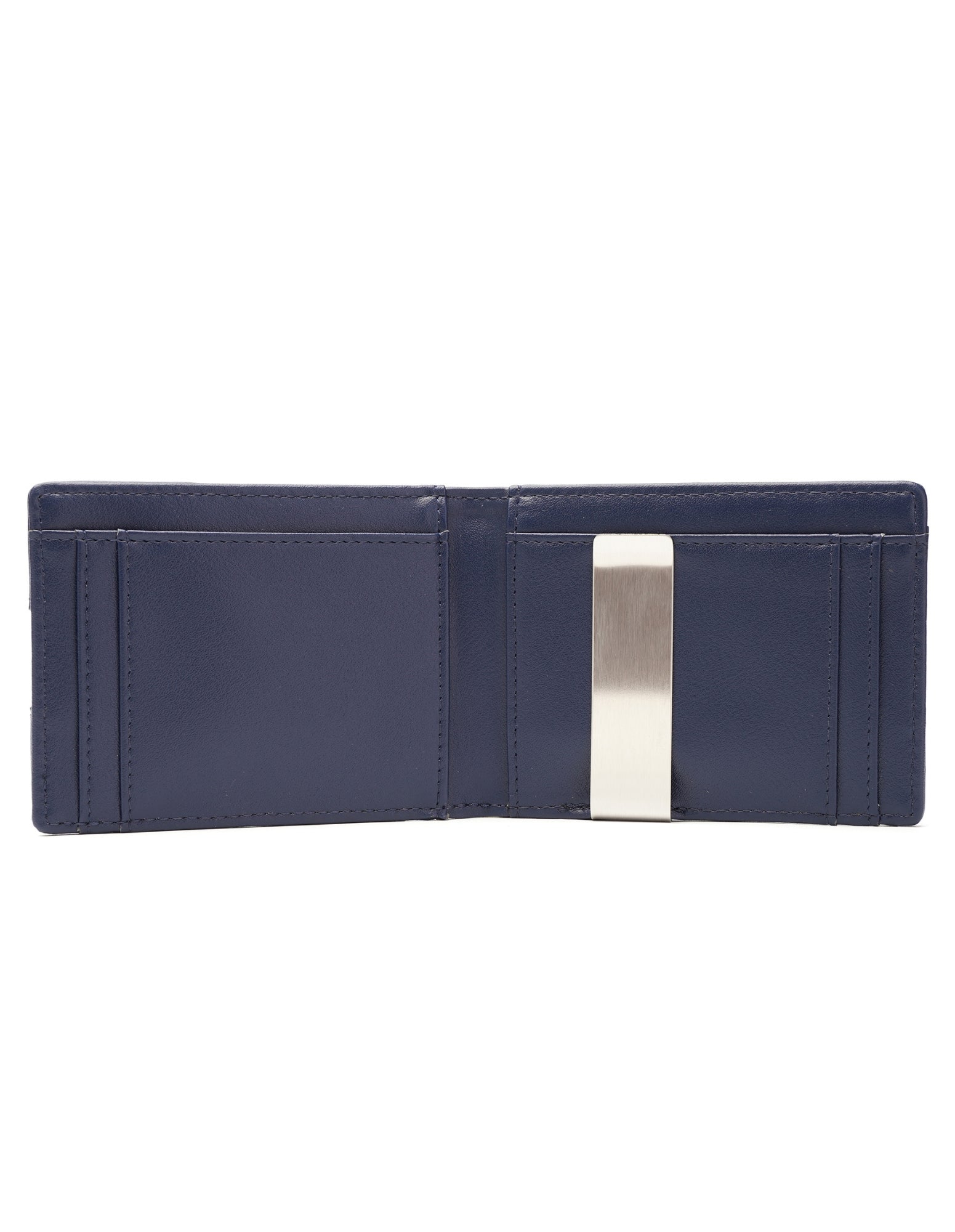 YAMBA Wallet I Blue made from high-quality vegan leather, featuring a slim bifold design with a money clip and coin pocket.