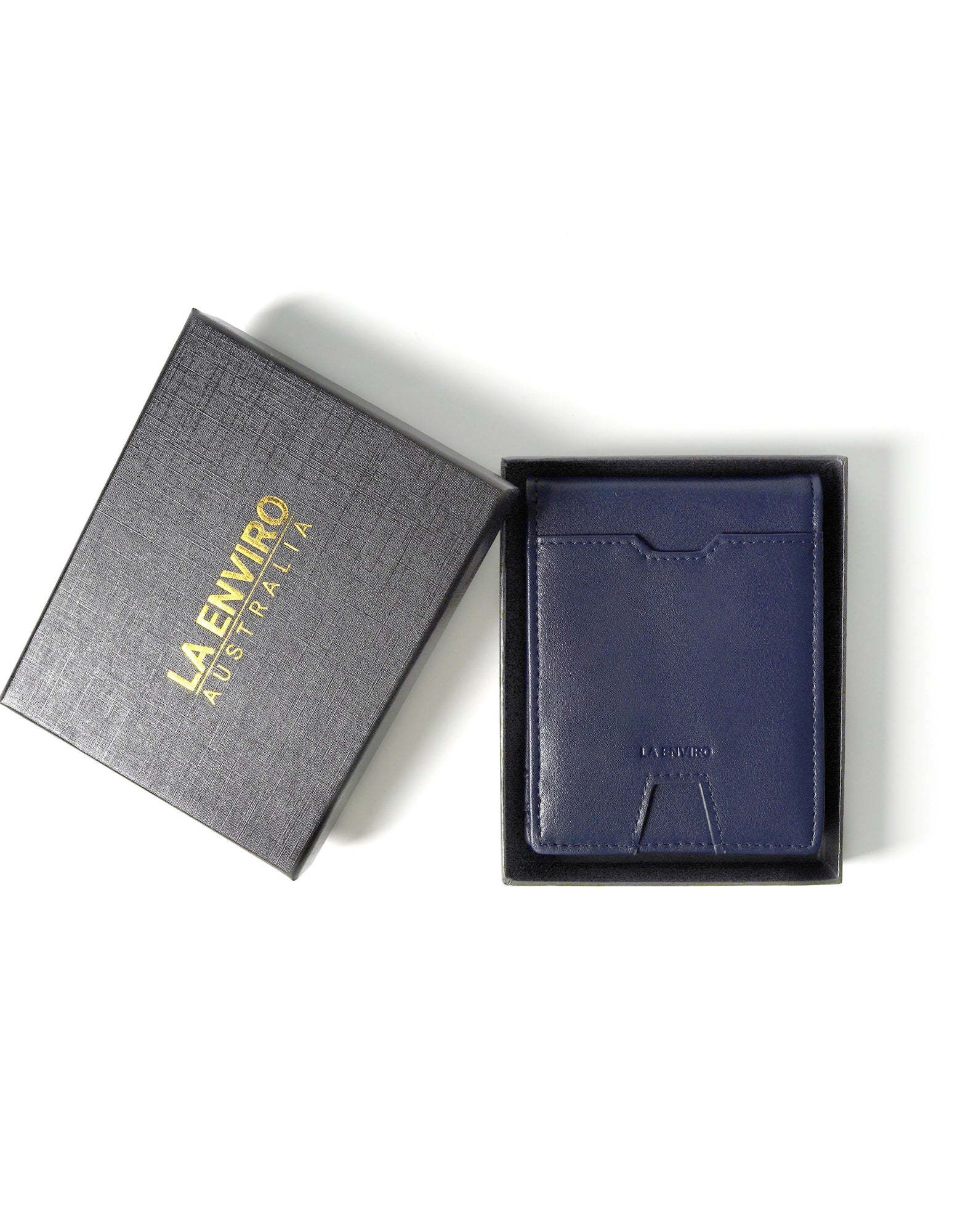 YAMBA Wallet I Blue made from high-quality vegan leather, featuring a slim bifold design with a money clip and coin pocket.