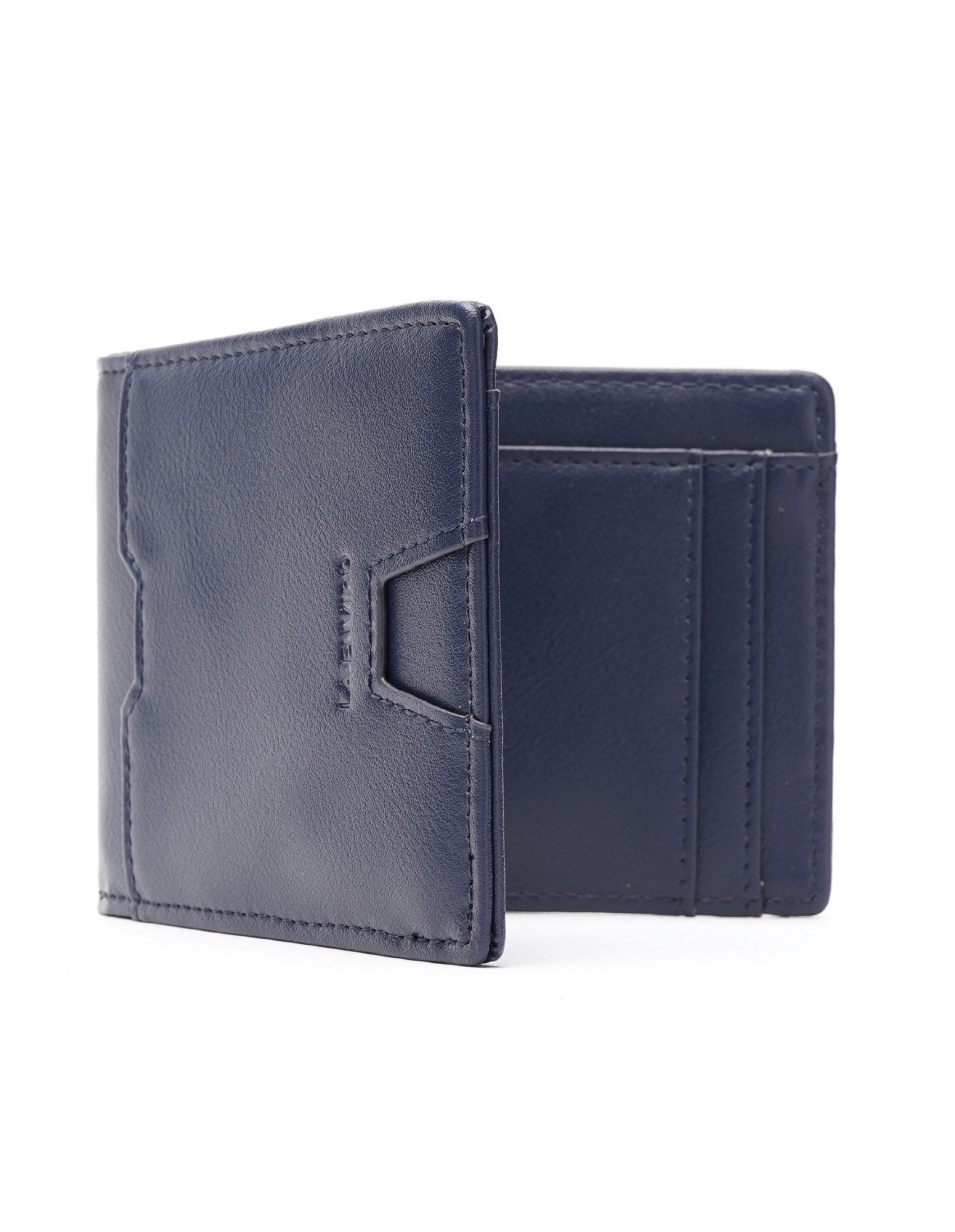 YAMBA Wallet I Blue made from high-quality vegan leather, featuring a slim bifold design with a money clip and coin pocket.