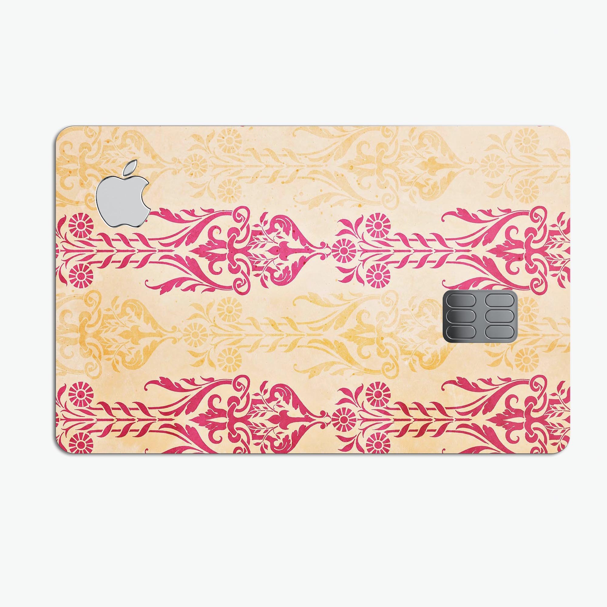 Yellow and Pink Floral Rococo Pattern decal on an Apple Card, showcasing vibrant colors and a stylish design.