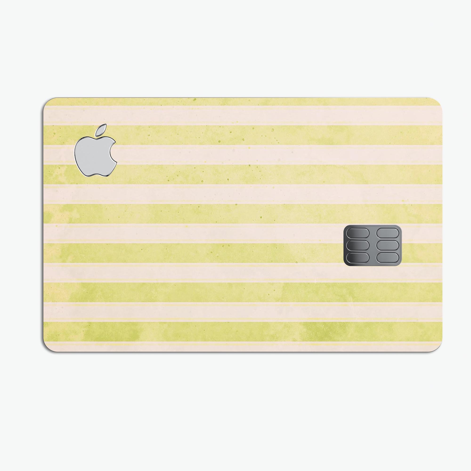 Yellow and white vertical stripes premium protective decal skin-kit for Apple Card, showcasing its stylish design and high-quality finish.