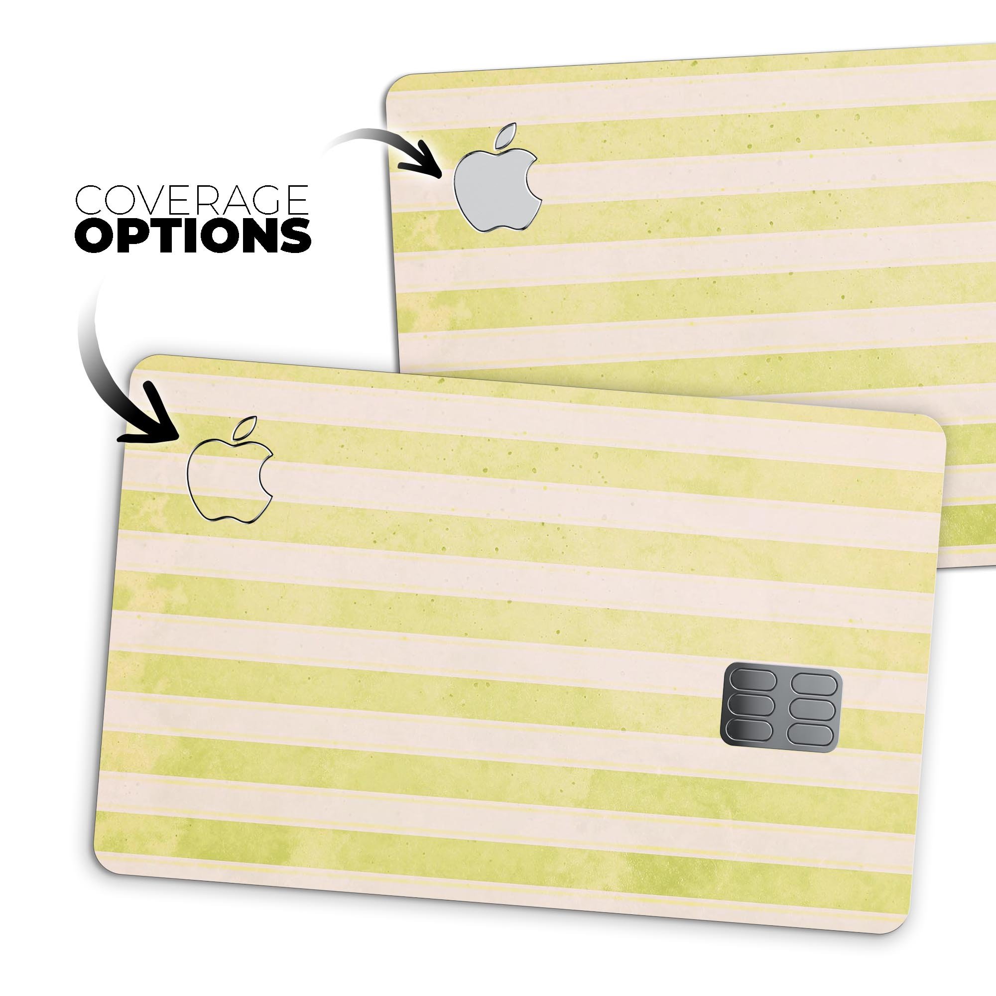 Yellow and white vertical stripes premium protective decal skin-kit for Apple Card, showcasing its stylish design and high-quality finish.