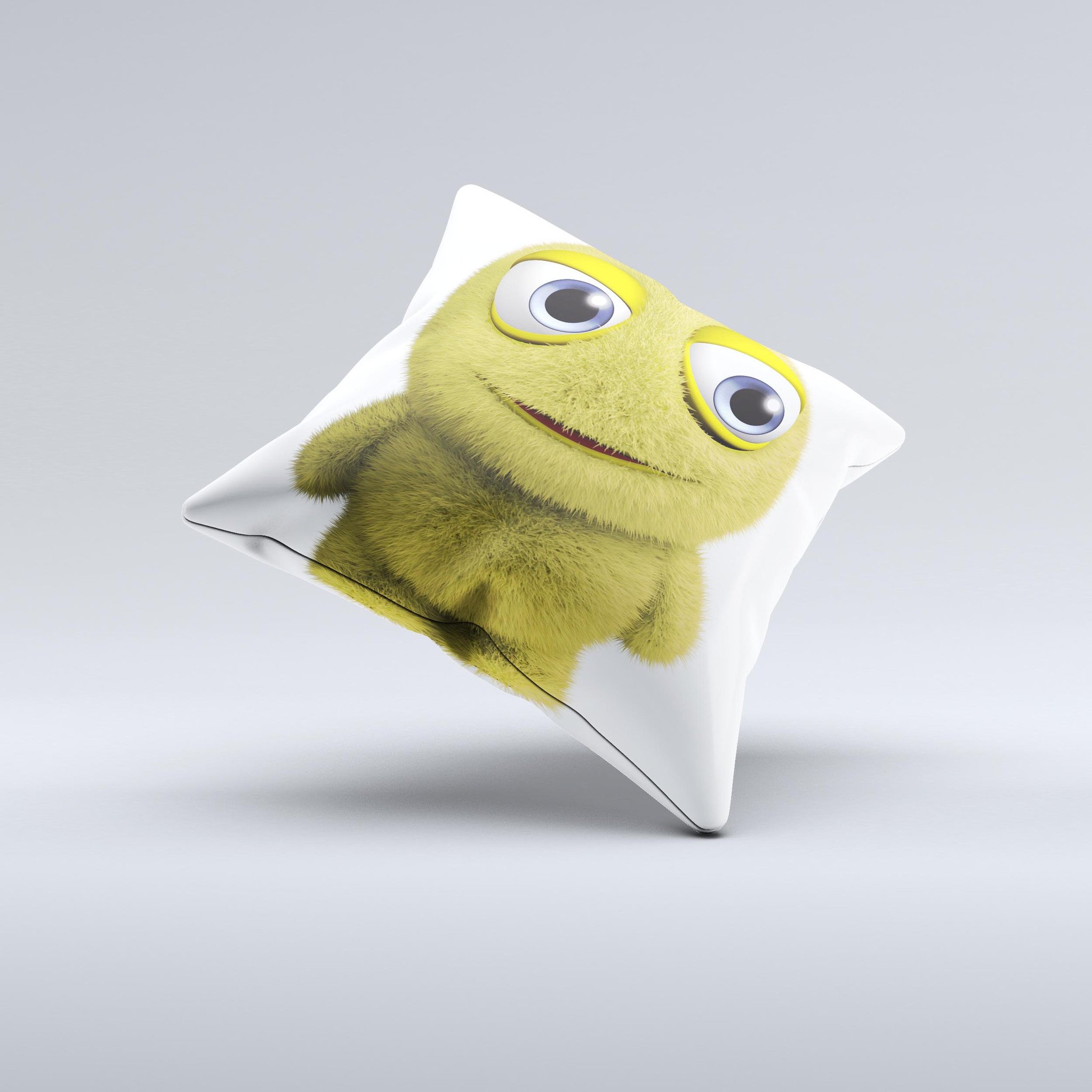 Yellow Fuzzy Wuzzy Creature decorative throw pillow with unique ink-fuzed design, handcrafted in Virginia, featuring high thread count fabric.