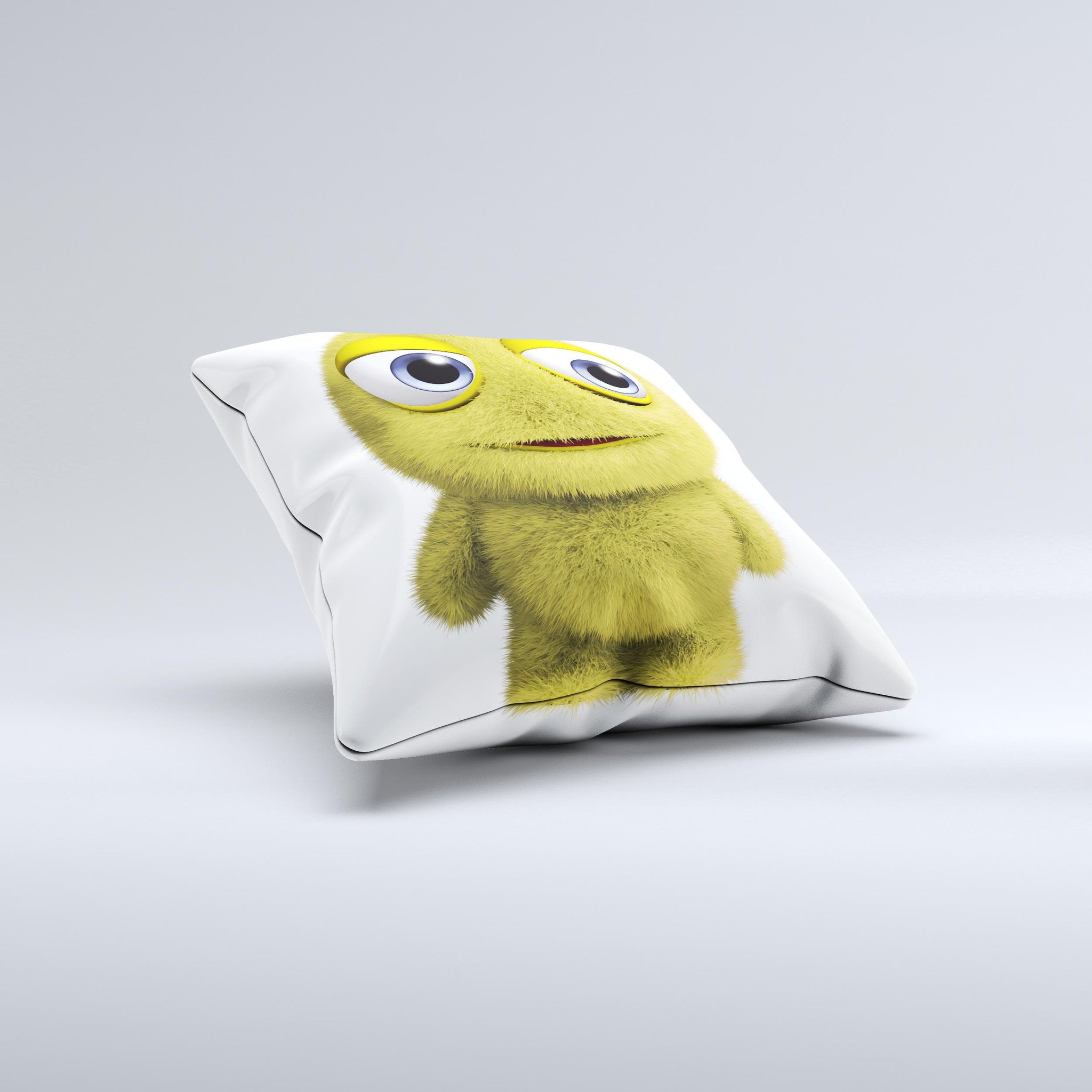 Yellow Fuzzy Wuzzy Creature decorative throw pillow with unique ink-fuzed design, handcrafted in Virginia, featuring high thread count fabric.