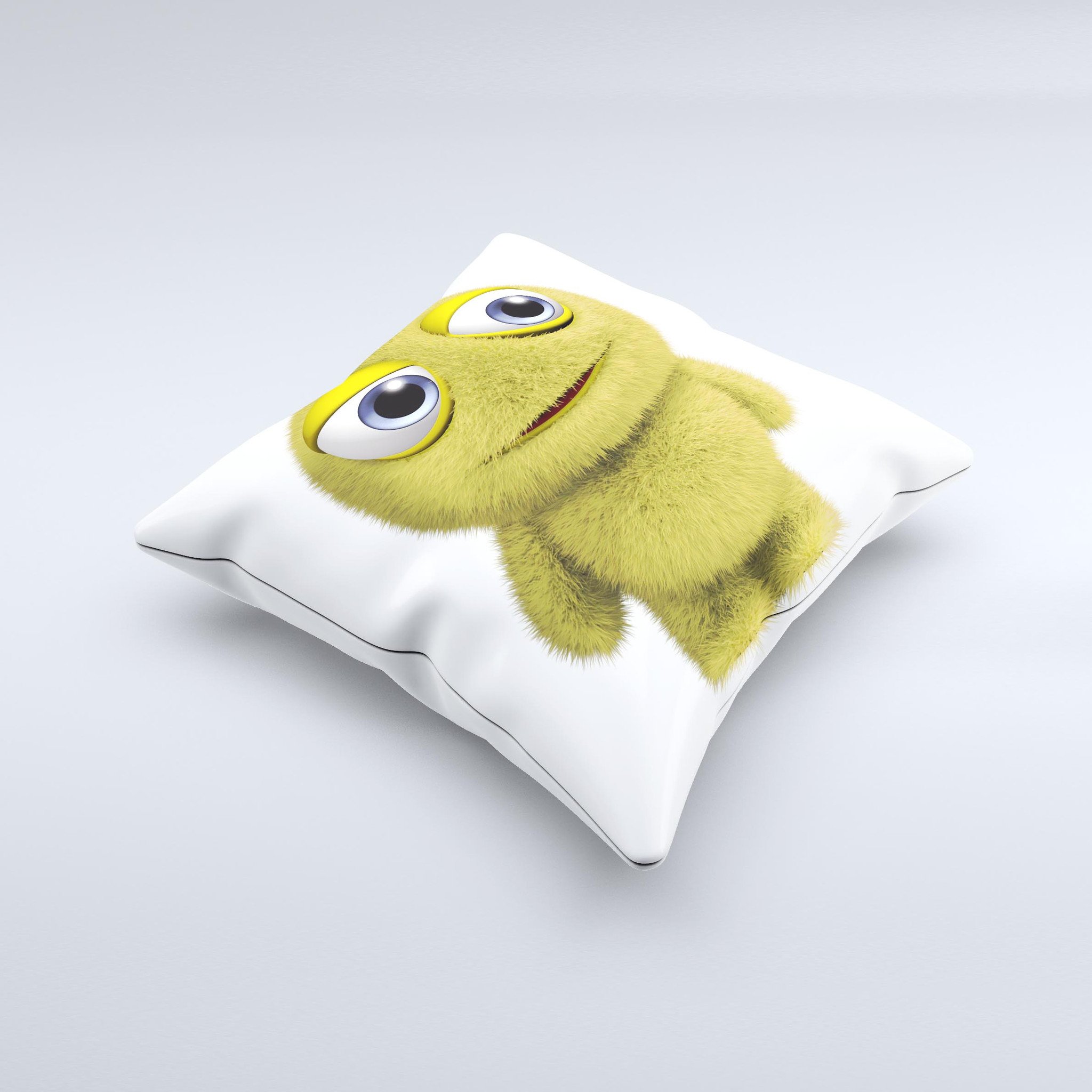 Yellow Fuzzy Wuzzy Creature decorative throw pillow with unique ink-fuzed design, handcrafted in Virginia, featuring high thread count fabric.