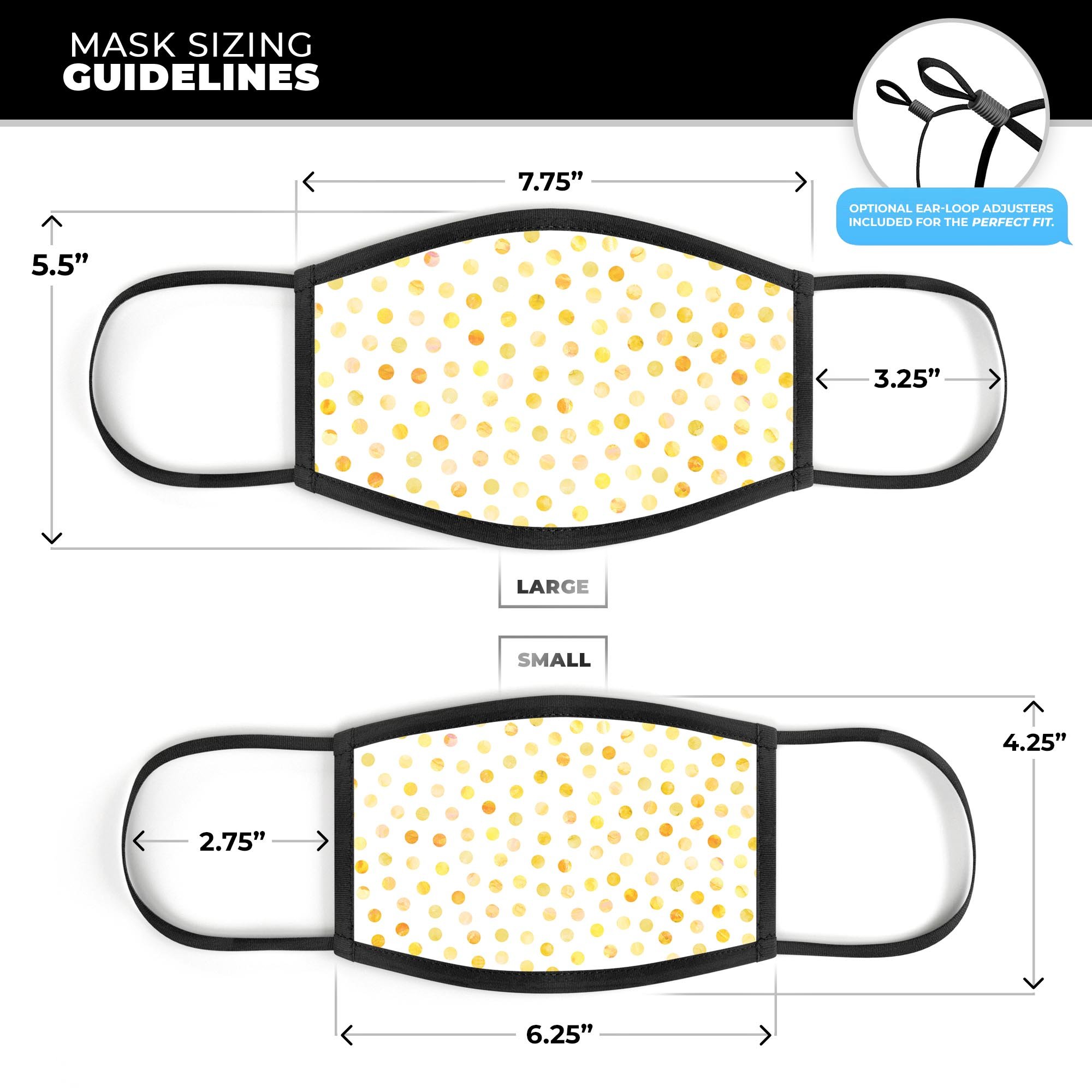 Yellow watercolor dots pattern on a white reusable face mask, showcasing adjustable ear loops and soft cotton interior.