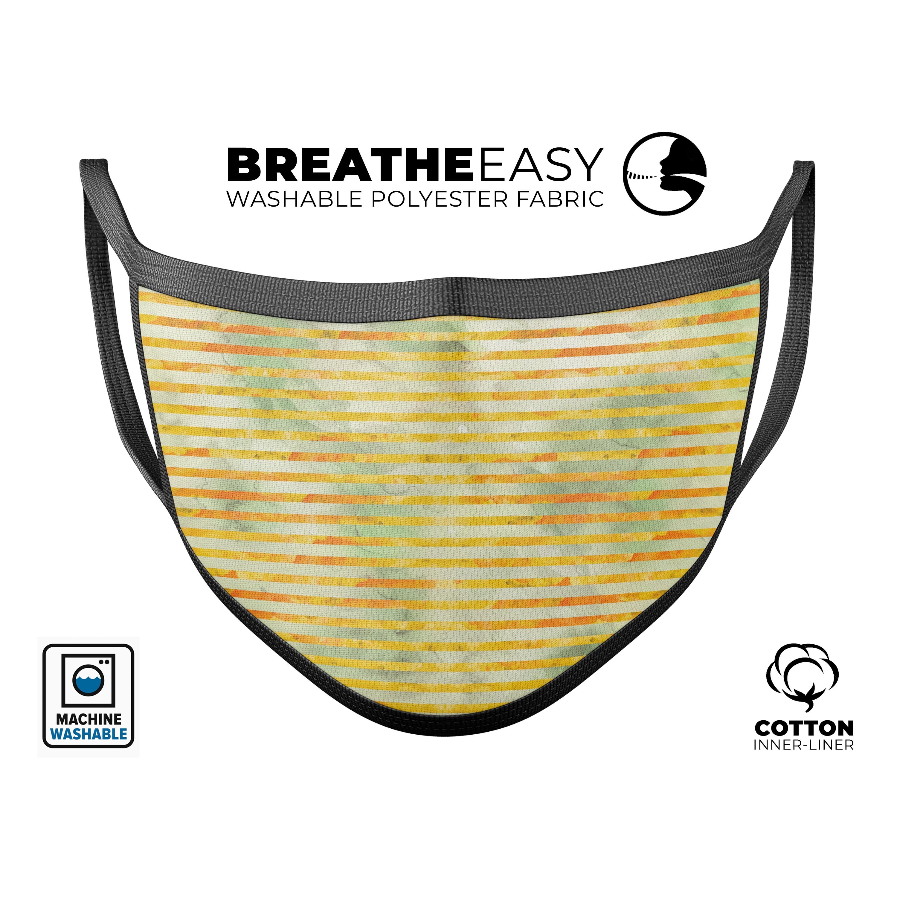 Yellow Watercolor Stripes mouth cover, showcasing a vibrant design with adjustable ear loops for a comfortable fit.