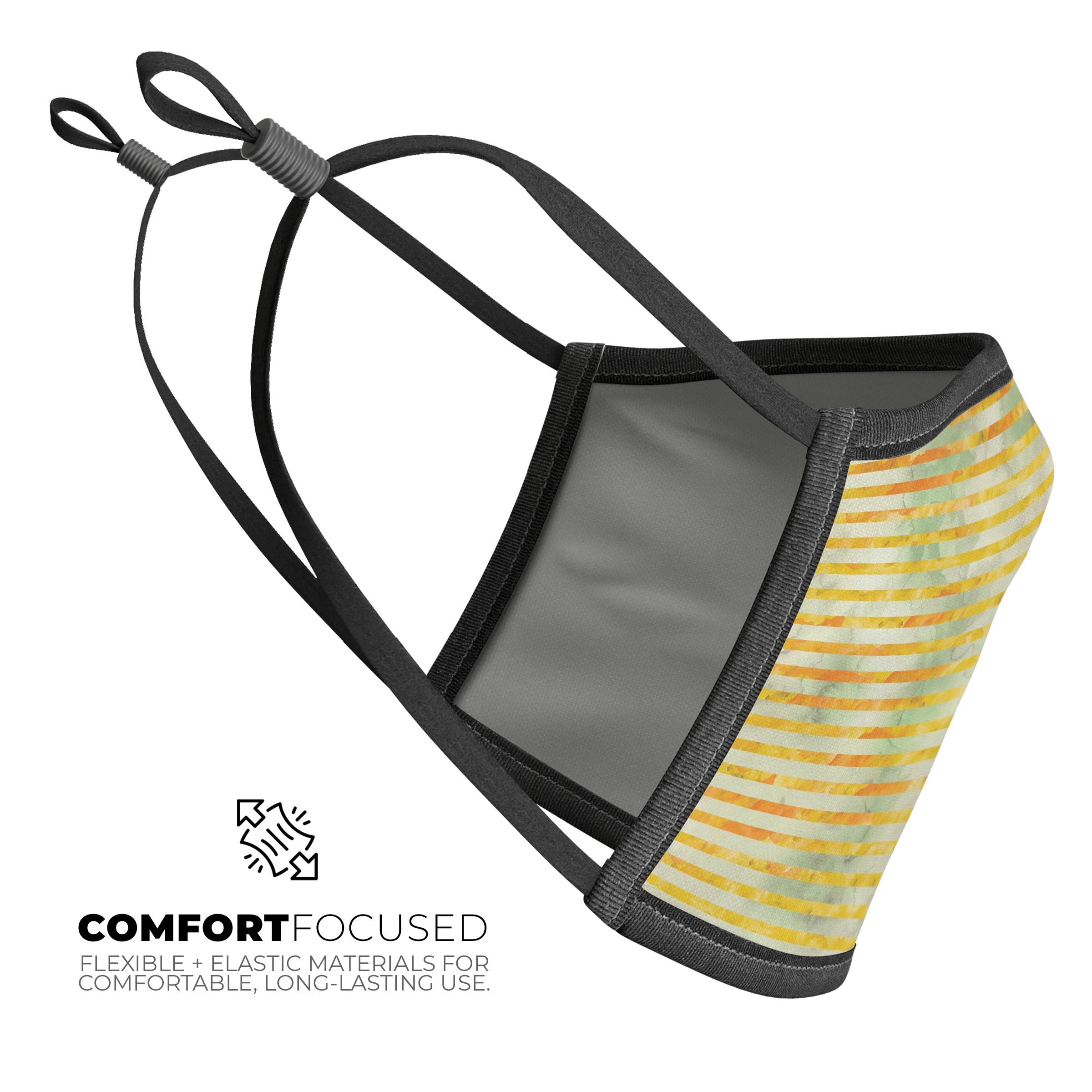 Yellow Watercolor Stripes mouth cover, showcasing a vibrant design with adjustable ear loops for a comfortable fit.