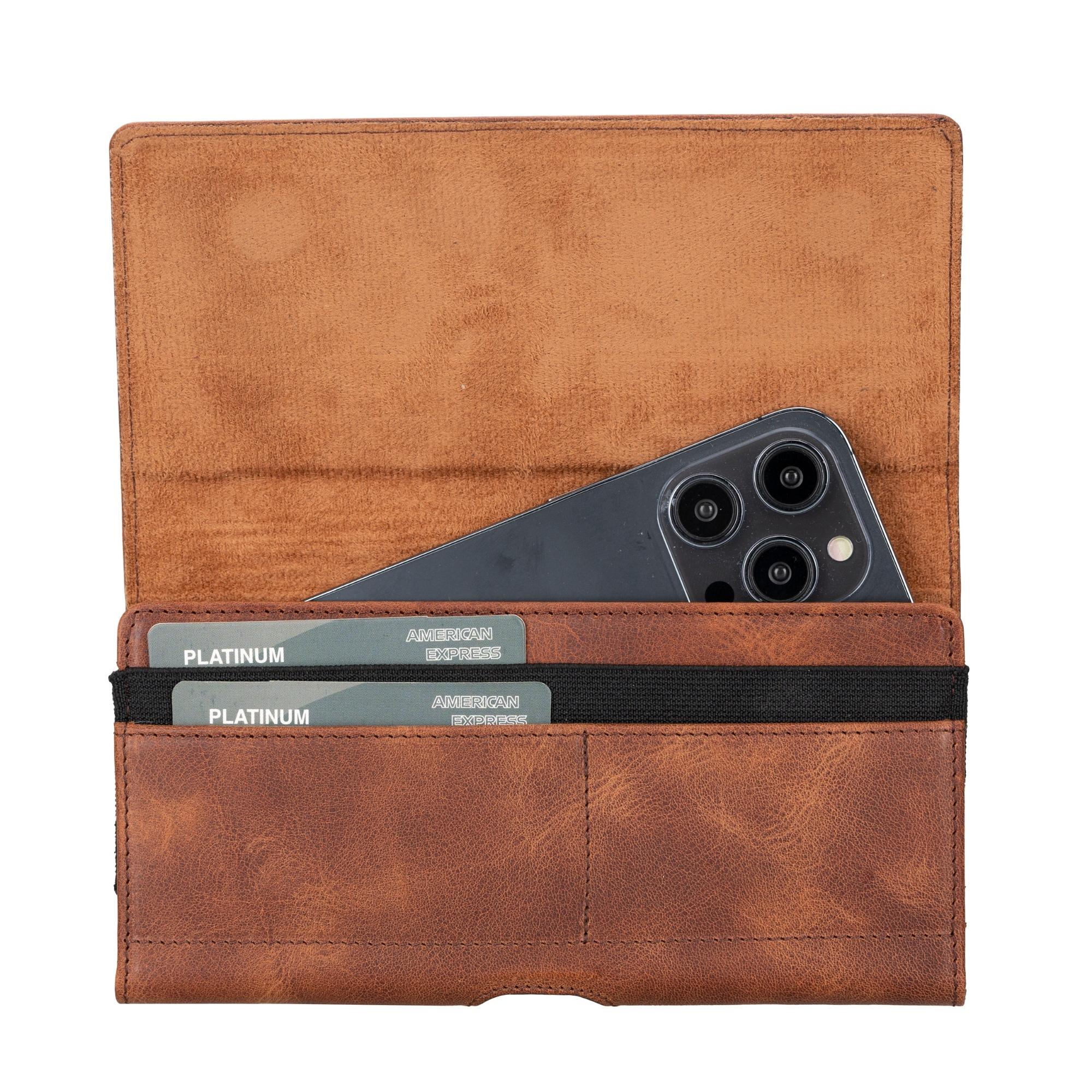 Yonkers Security Belt-Mounted Leather Phone Holster made from premium leather, featuring a strong belt loop and elegant design for secure phone carrying.