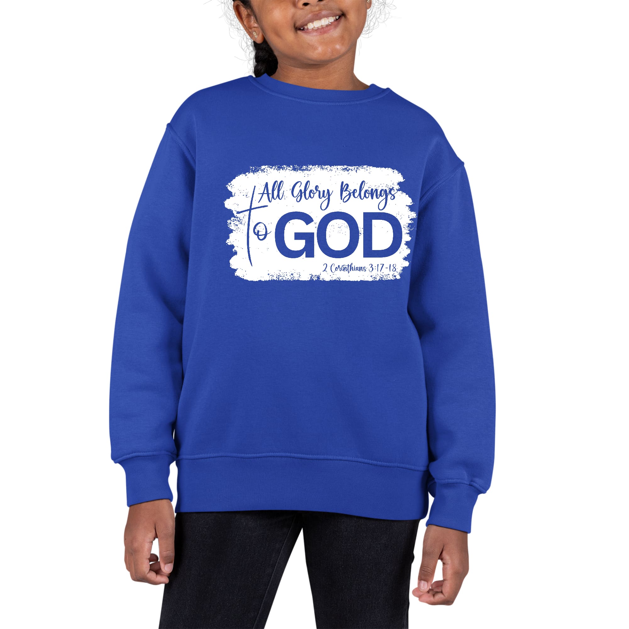 Youth graphic sweatshirt featuring 'All Glory Belongs to God' design, showcasing a comfortable crewneck style with long sleeves.