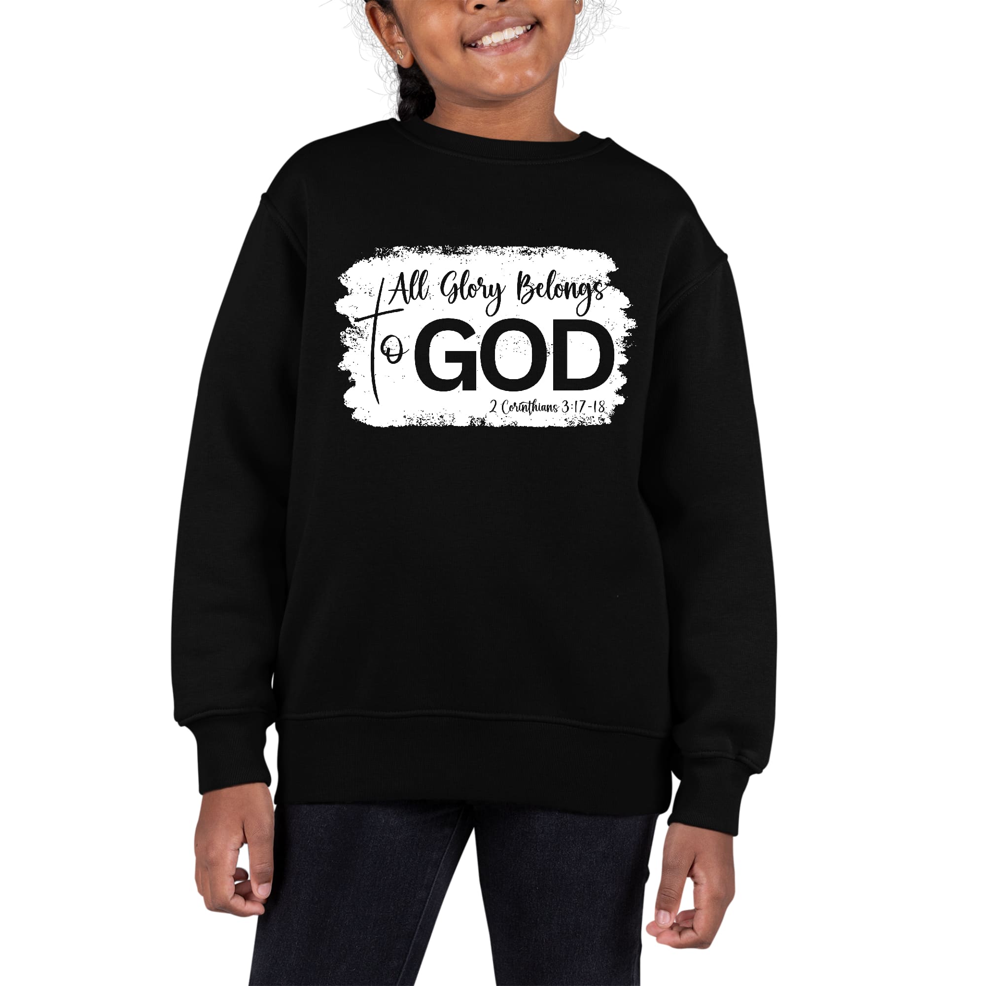 Youth graphic sweatshirt featuring 'All Glory Belongs to God' design, showcasing a comfortable crewneck style with long sleeves.