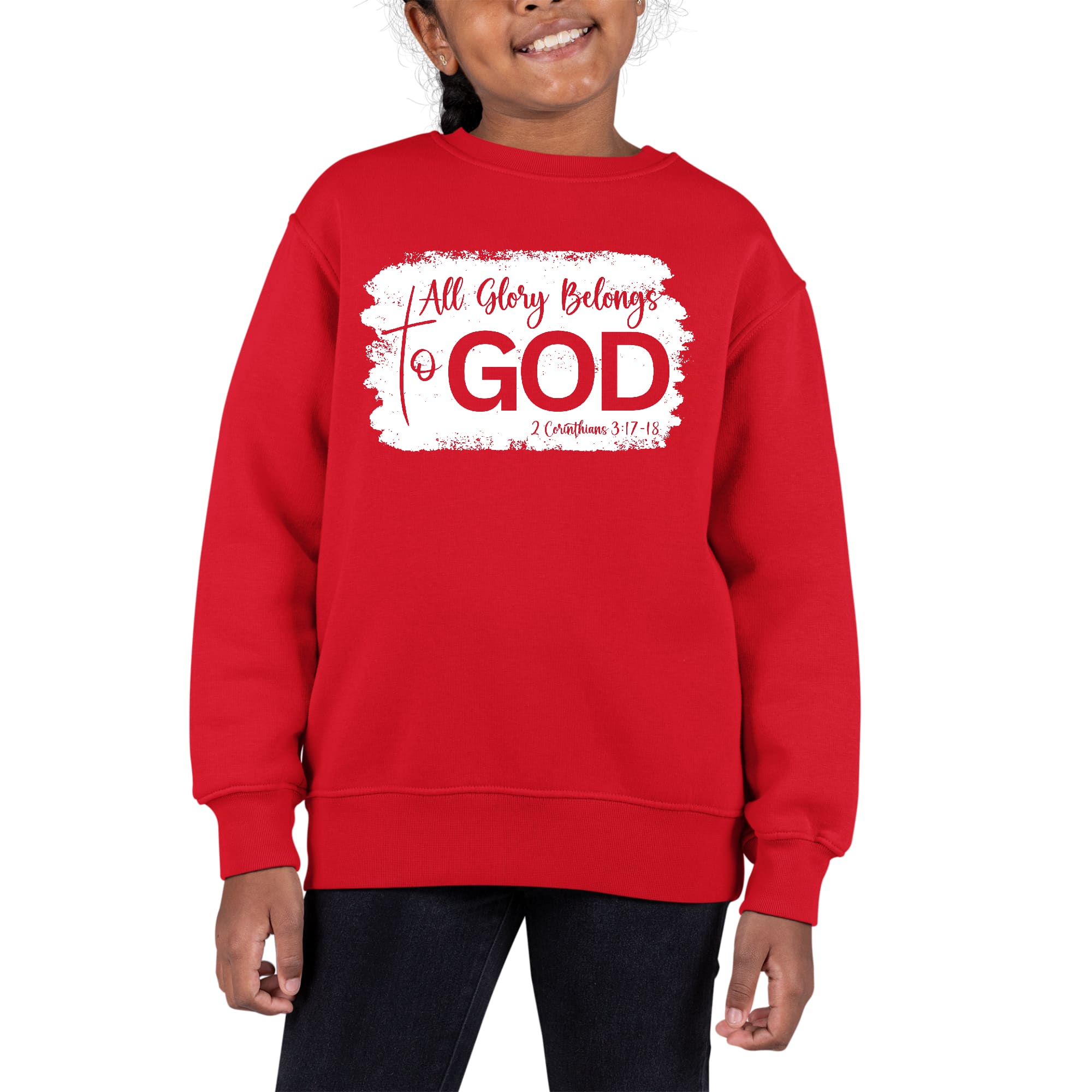 Youth graphic sweatshirt featuring 'All Glory Belongs to God' design, showcasing a comfortable crewneck style with long sleeves.