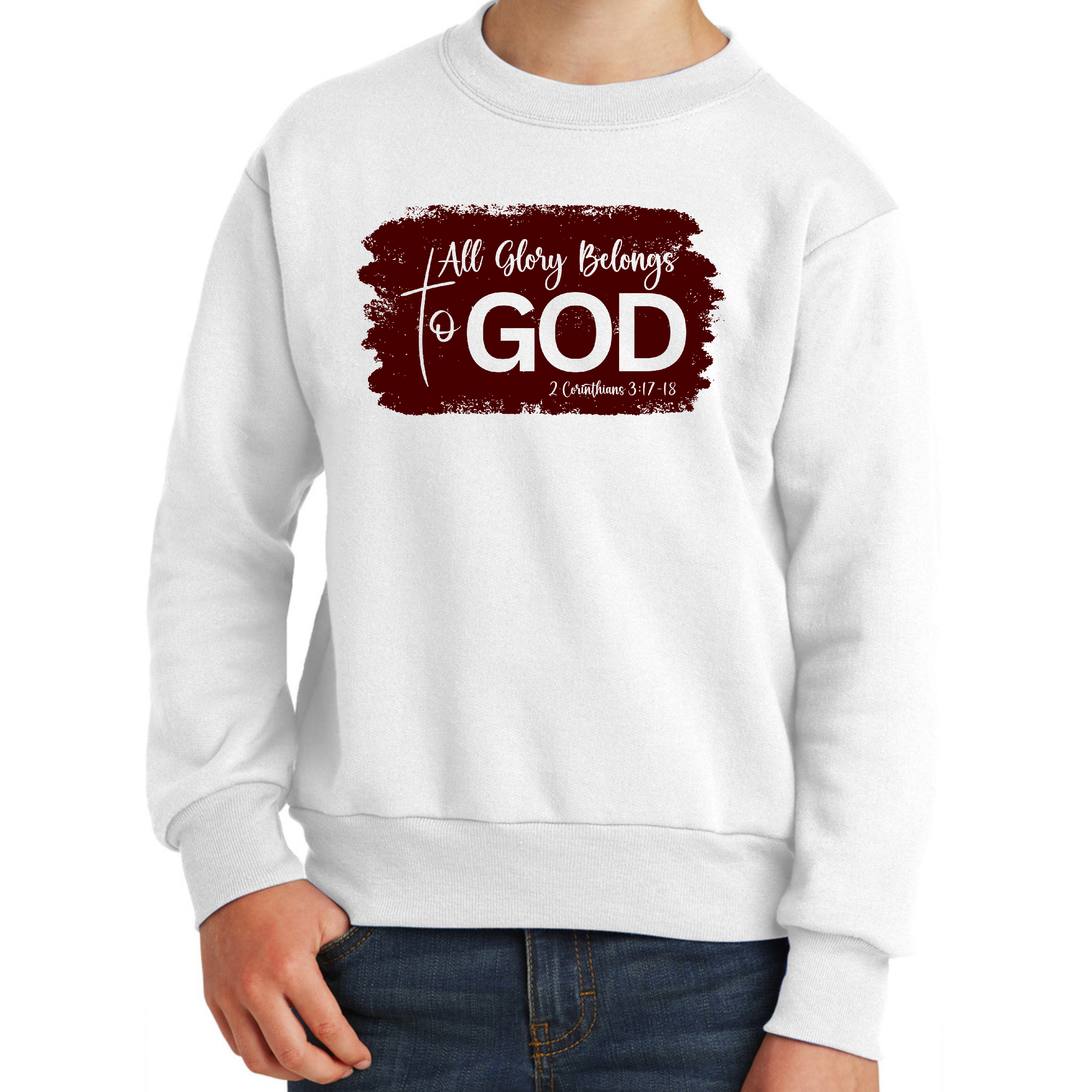 Youth Graphic Sweatshirt in maroon with 'All Glory Belongs to God' illustration, featuring a crewneck design and long sleeves.