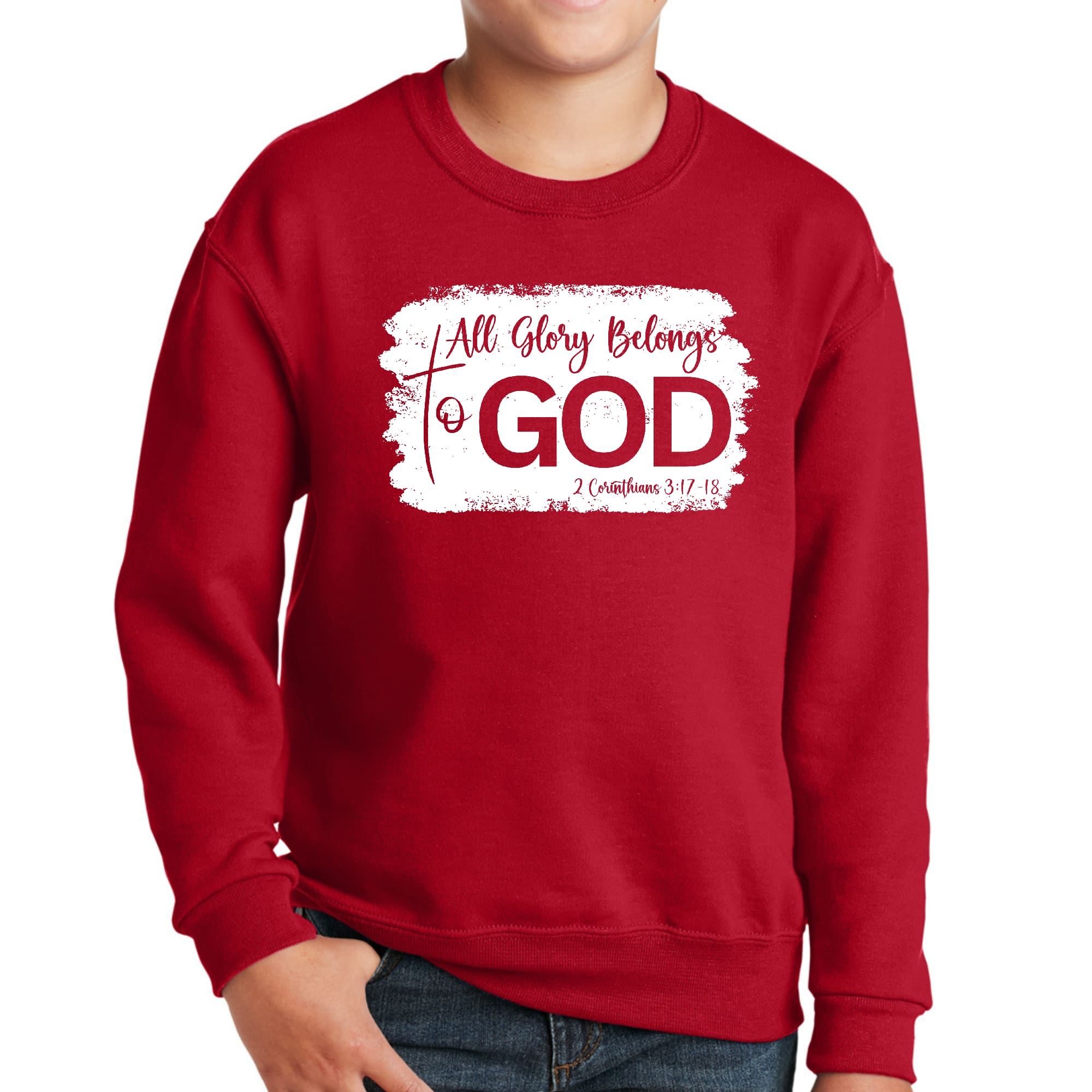 Youth Graphic Sweatshirt with 'All Glory Belongs to God' design, featuring a comfortable crewneck and long sleeves.