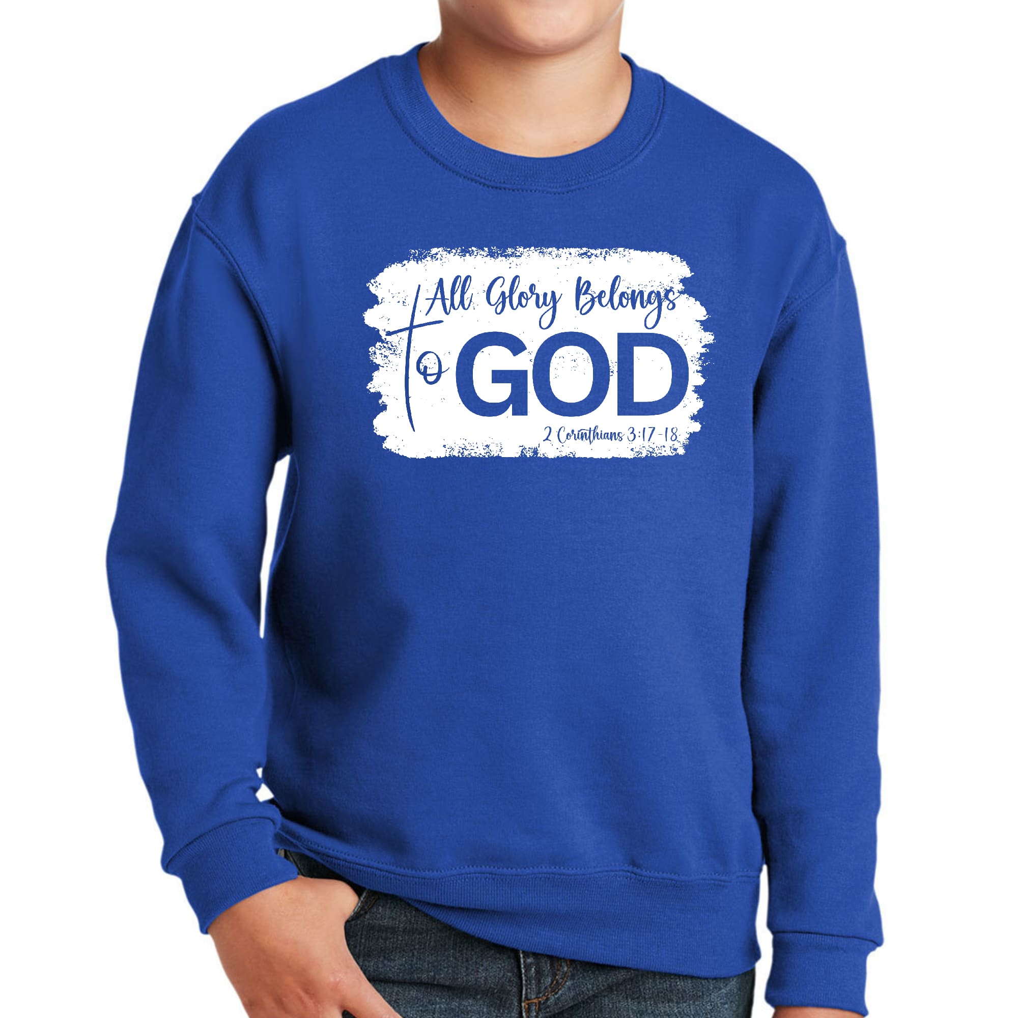 Youth Graphic Sweatshirt with 'All Glory Belongs to God' design, featuring a comfortable crewneck and long sleeves.