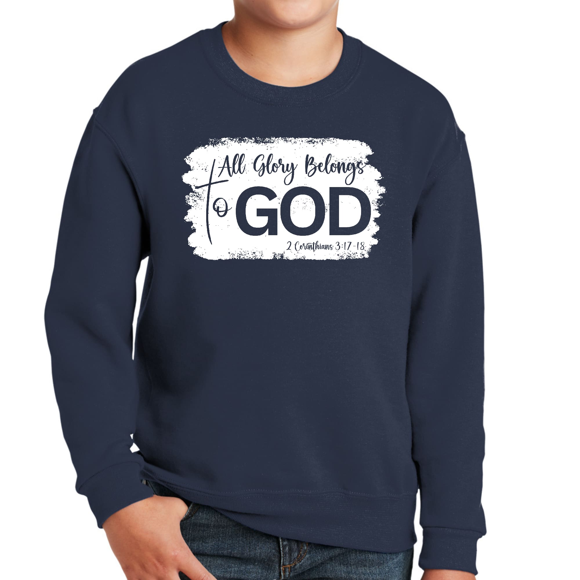 Youth Graphic Sweatshirt with 'All Glory Belongs to God' design, featuring a comfortable crewneck and long sleeves.
