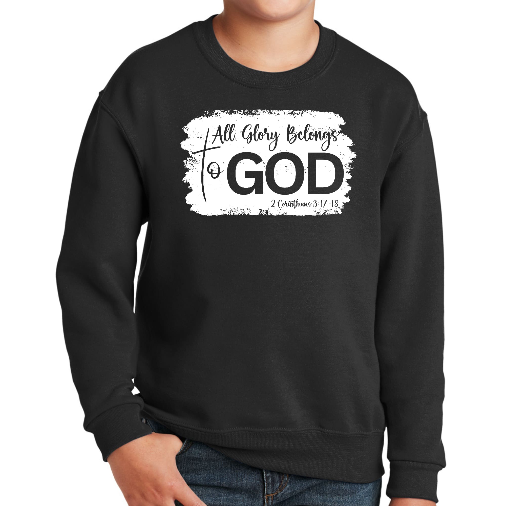 Youth Graphic Sweatshirt with 'All Glory Belongs to God' design, featuring a comfortable crewneck and long sleeves.