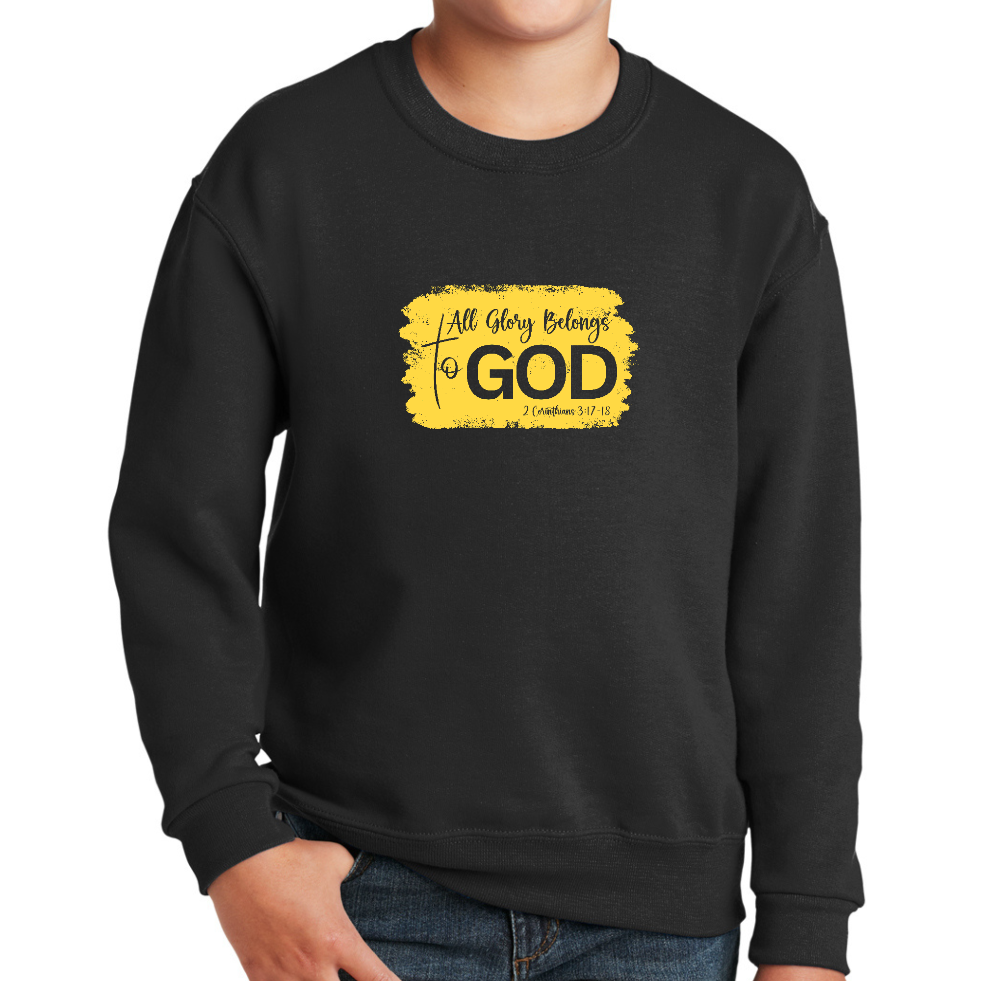Youth Graphic Sweatshirt in yellow with 'All Glory Belongs to God' illustration, featuring long sleeves and a crewneck design.