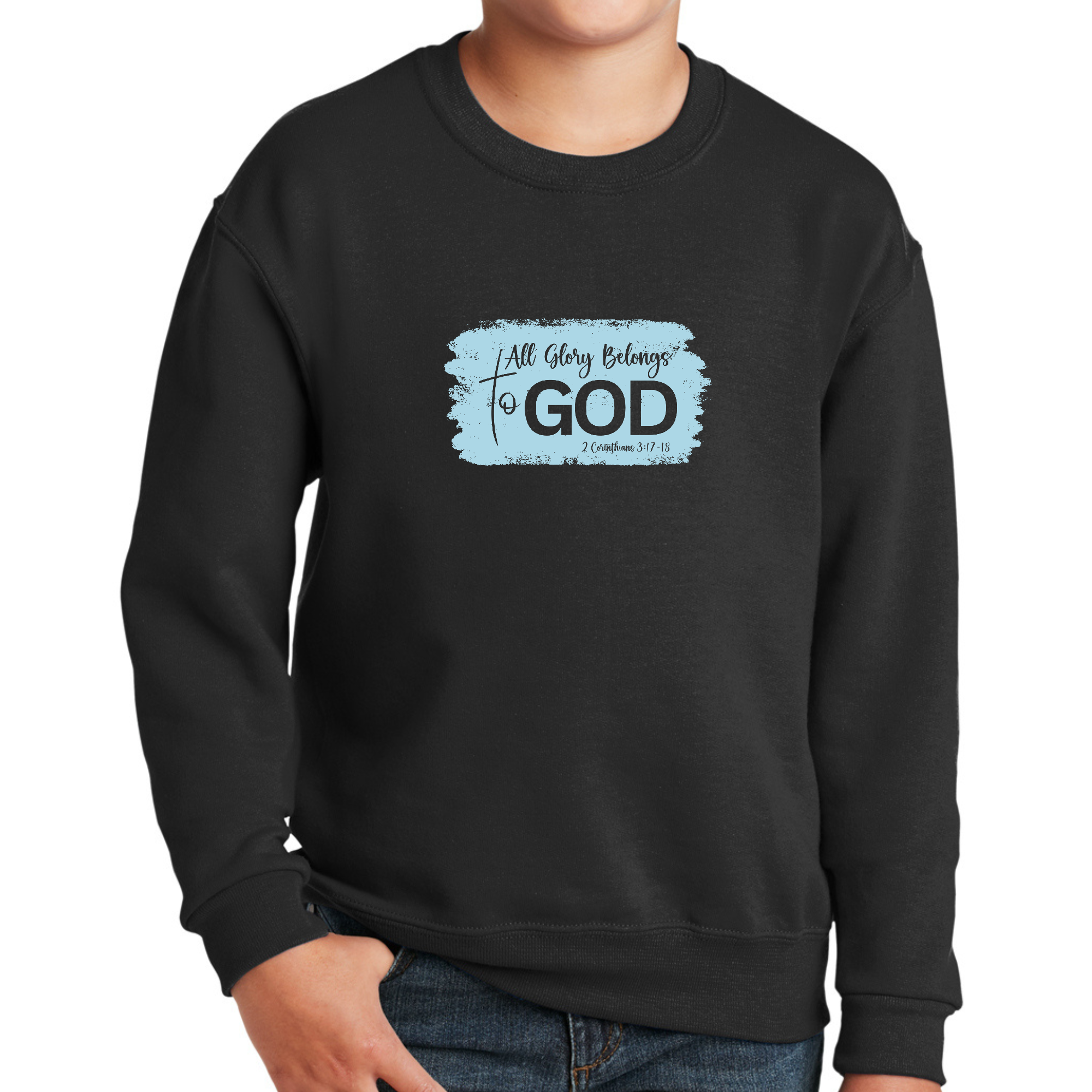 Light blue youth graphic sweatshirt with 'All Glory Belongs to God' illustration, featuring long sleeves and ribbed details.