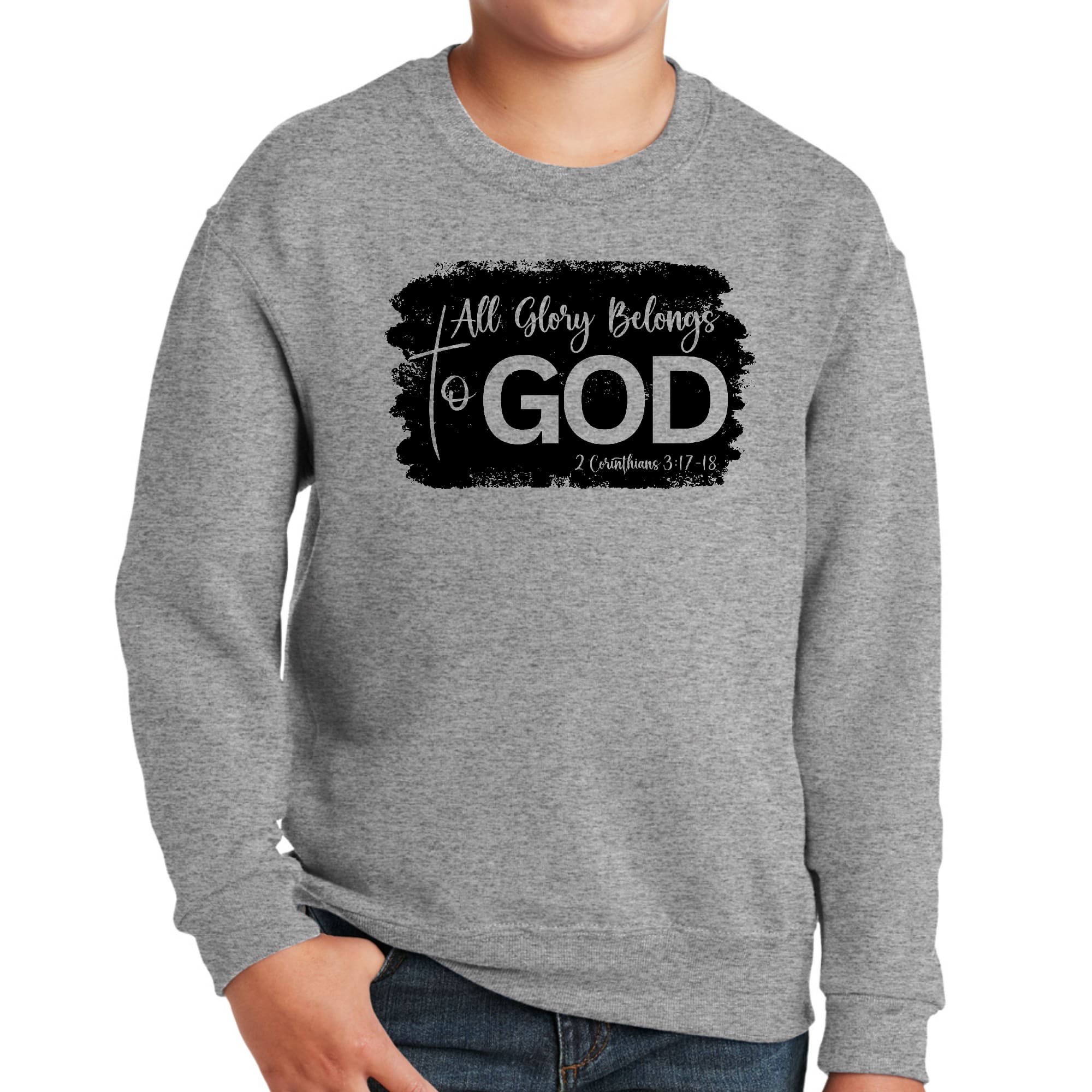 Youth graphic sweatshirt in black with 'All Glory Belongs to God' print, featuring long sleeves and ribbed collar.
