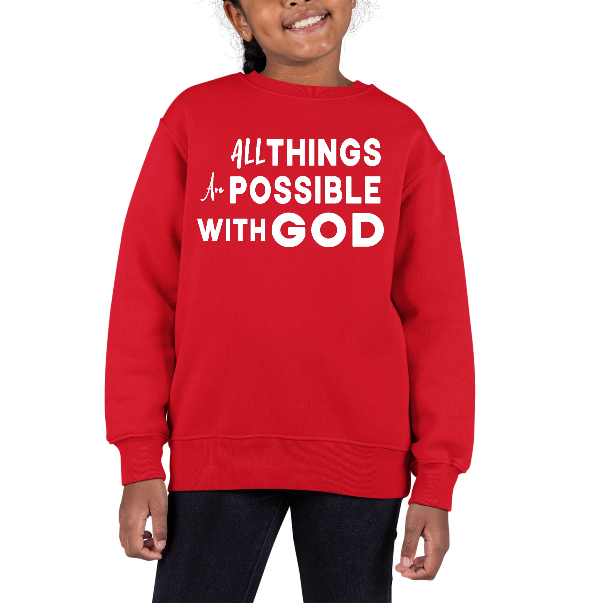 Youth graphic sweatshirt featuring the phrase 'All Things are Possible with God', designed for girls with long sleeves and a comfortable fit.