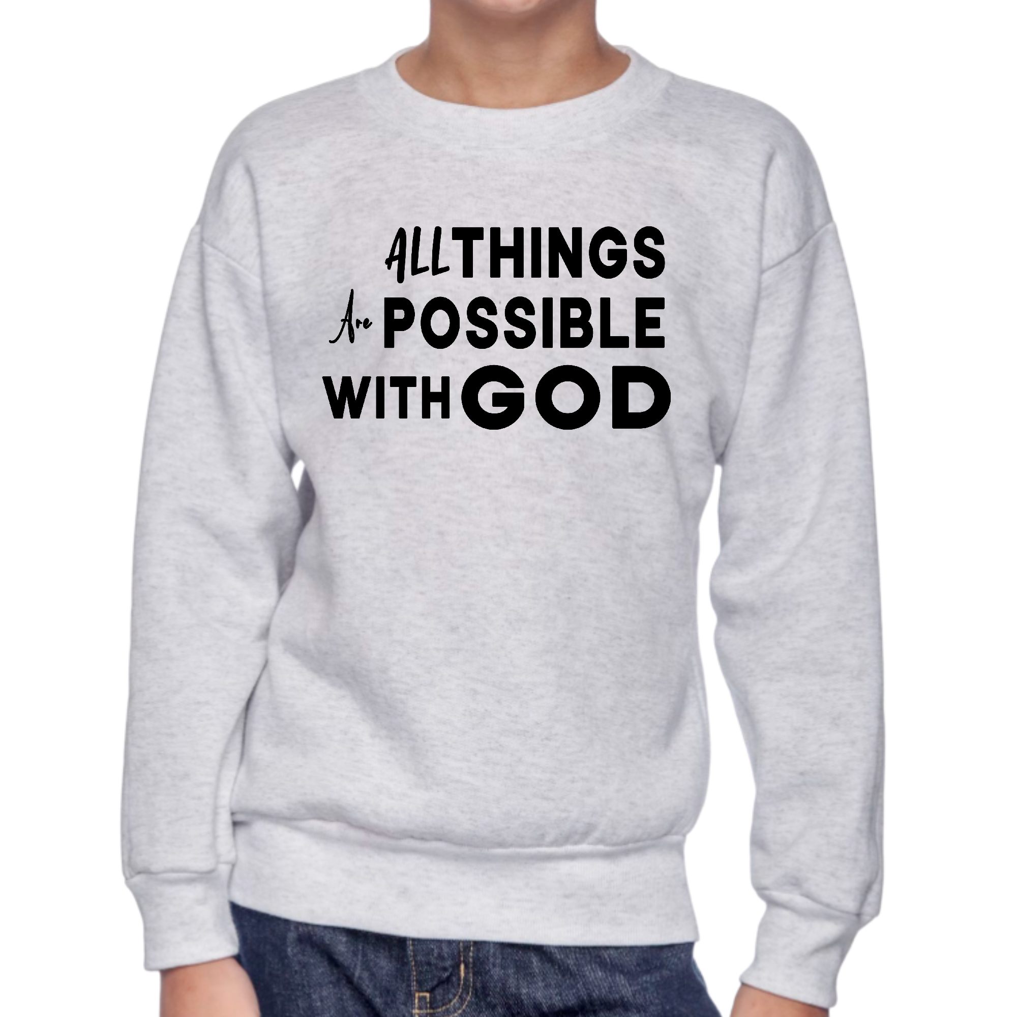 Youth graphic sweatshirt in black featuring the phrase 'All Things are Possible with God', designed for boys with long sleeves and ribbed cuffs.