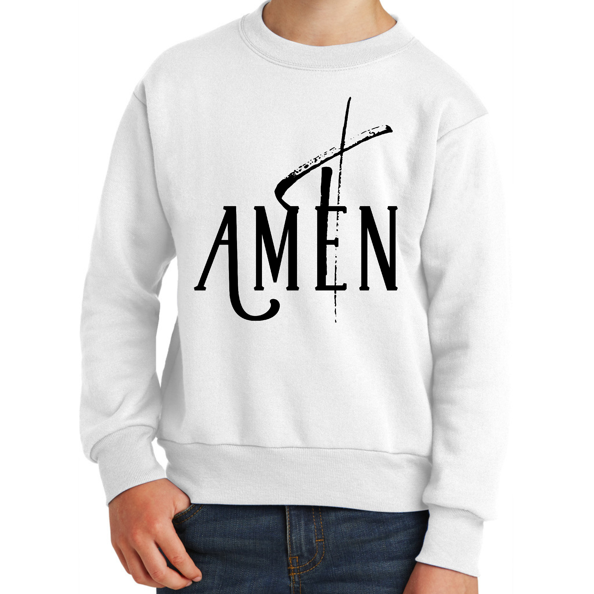 Youth long sleeve crewneck sweatshirt in black with AMEN print, featuring ribbed collar and cuffs.