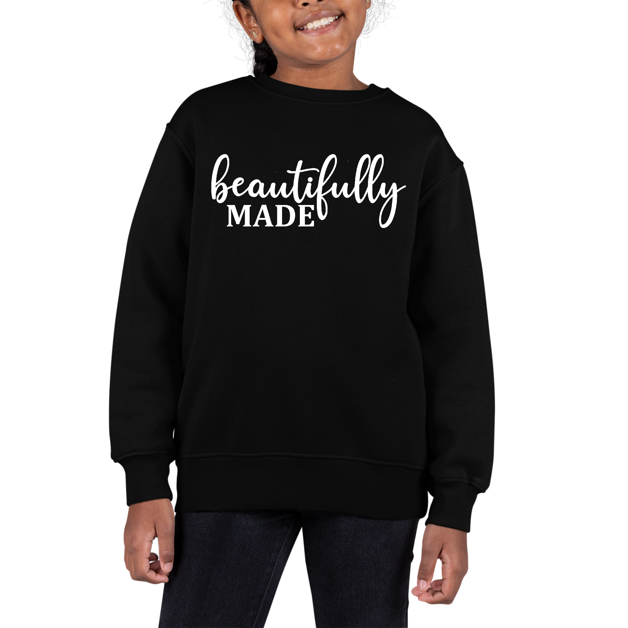 Youth graphic sweatshirt featuring inspirational affirmations, designed for girls with a comfortable fit and stylish long sleeves.
