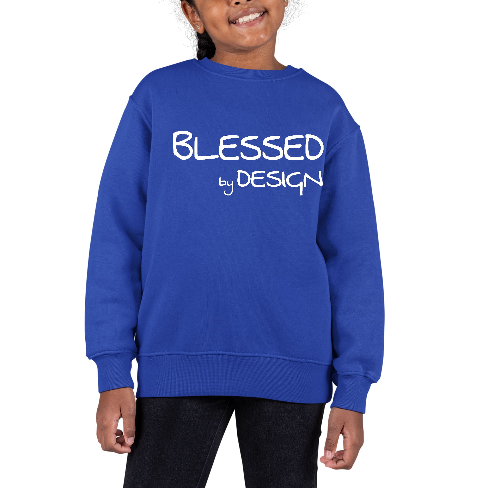 Youth Graphic Sweatshirt Blessed by Design featuring a crewneck style with inspirational affirmation, long sleeves, and ribbed details.