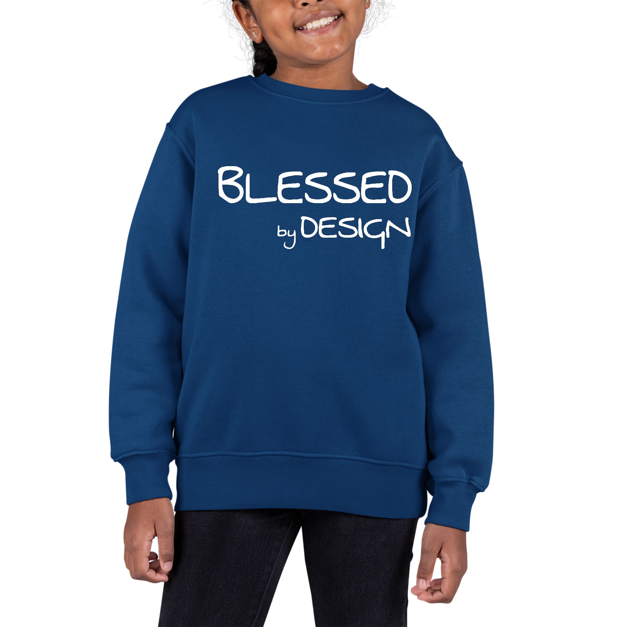 Youth Graphic Sweatshirt Blessed by Design featuring a crewneck style with inspirational affirmation, long sleeves, and ribbed details.