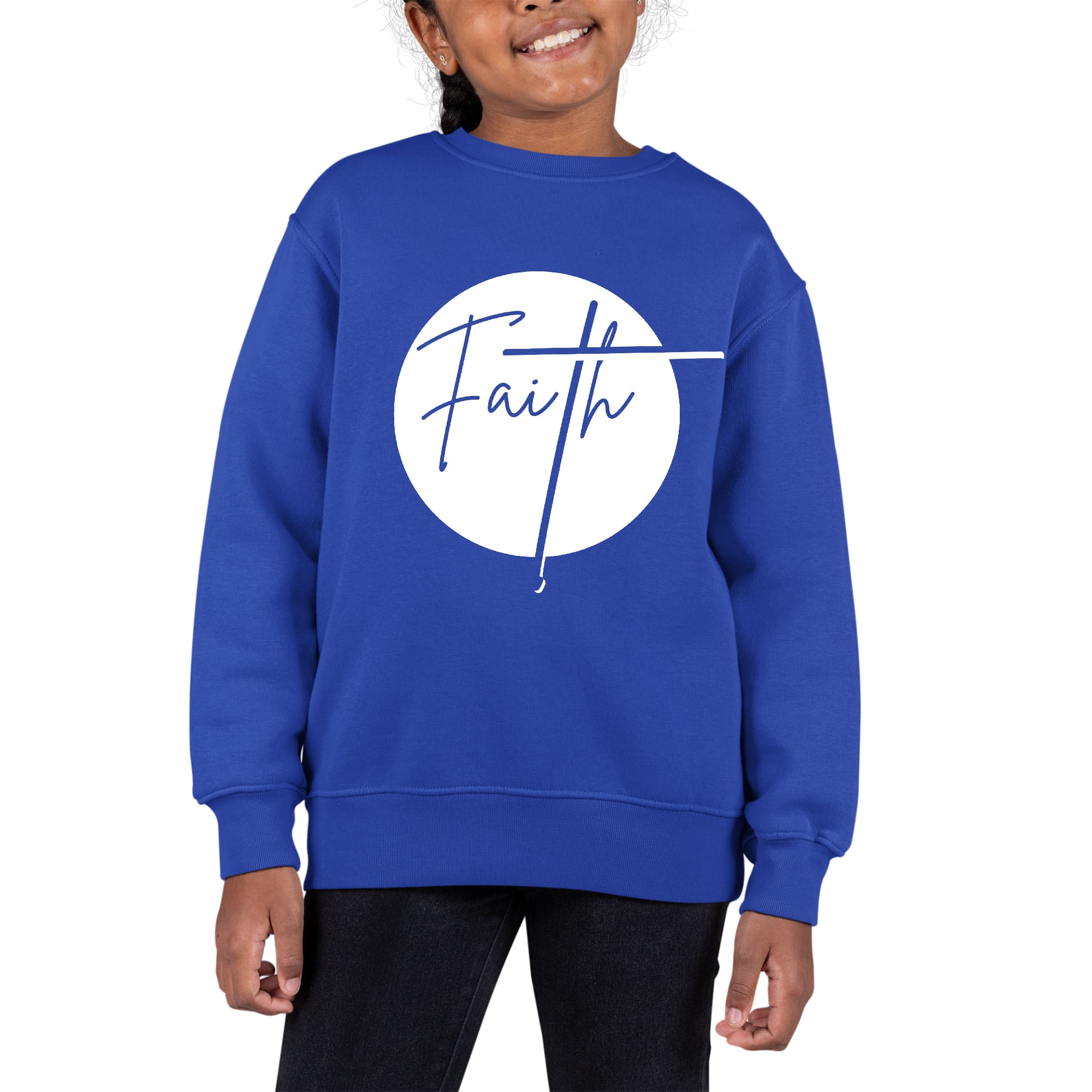 Youth Graphic Sweatshirt Faith featuring a crewneck design, ribbed cuffs, and a stylish faith graphic.