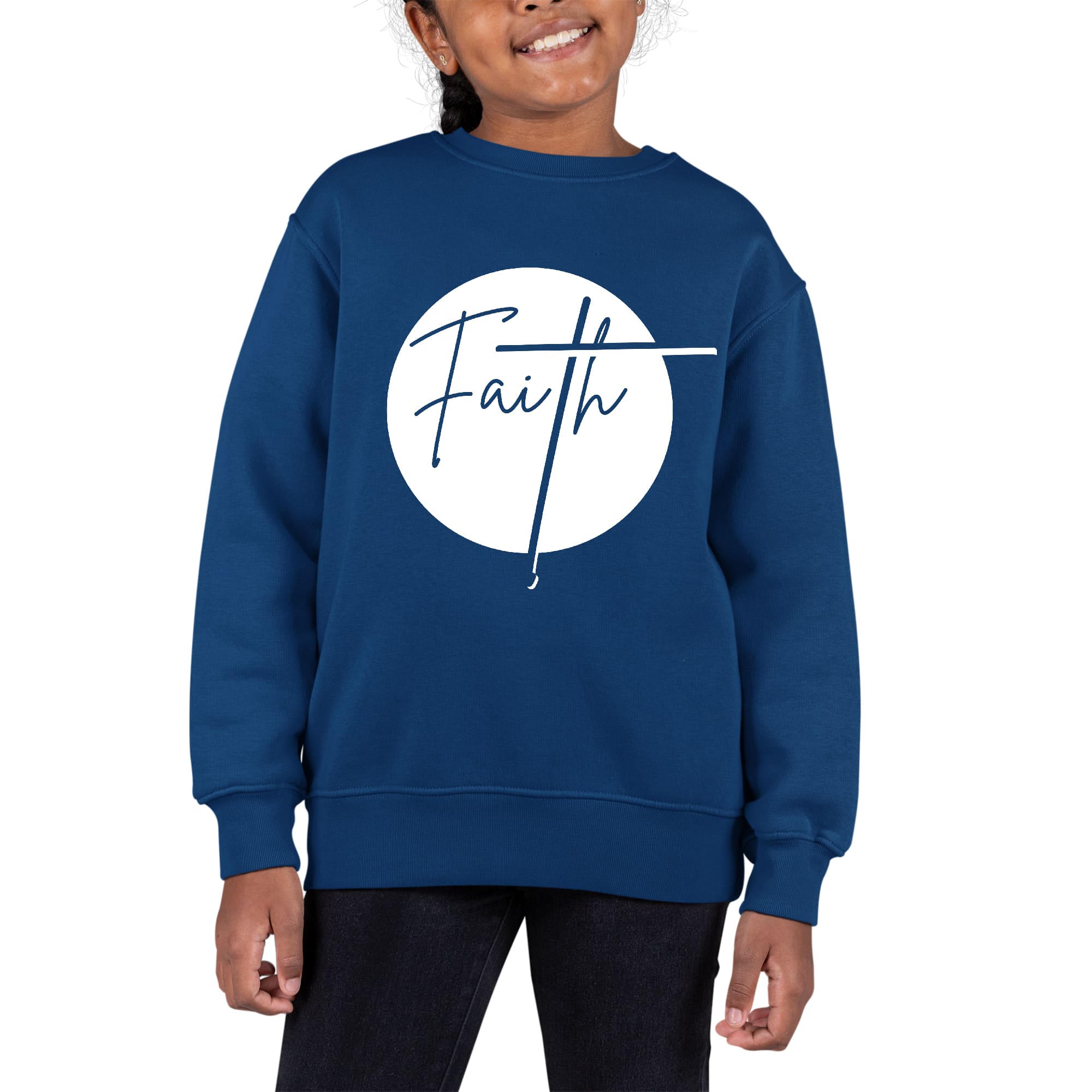 Youth Graphic Sweatshirt Faith featuring a crewneck design, ribbed cuffs, and a stylish faith graphic.