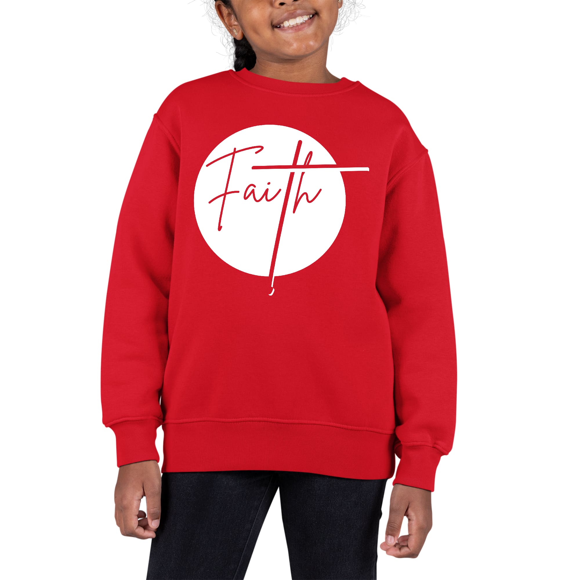 Youth Graphic Sweatshirt Faith featuring a crewneck design, ribbed cuffs, and a stylish faith graphic.