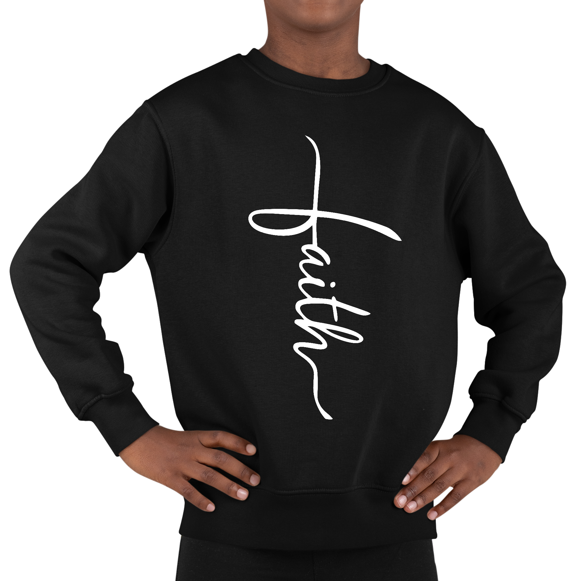 Youth graphic sweatshirt with Faith Script Cross illustration, featuring long sleeves and ribbed collar.