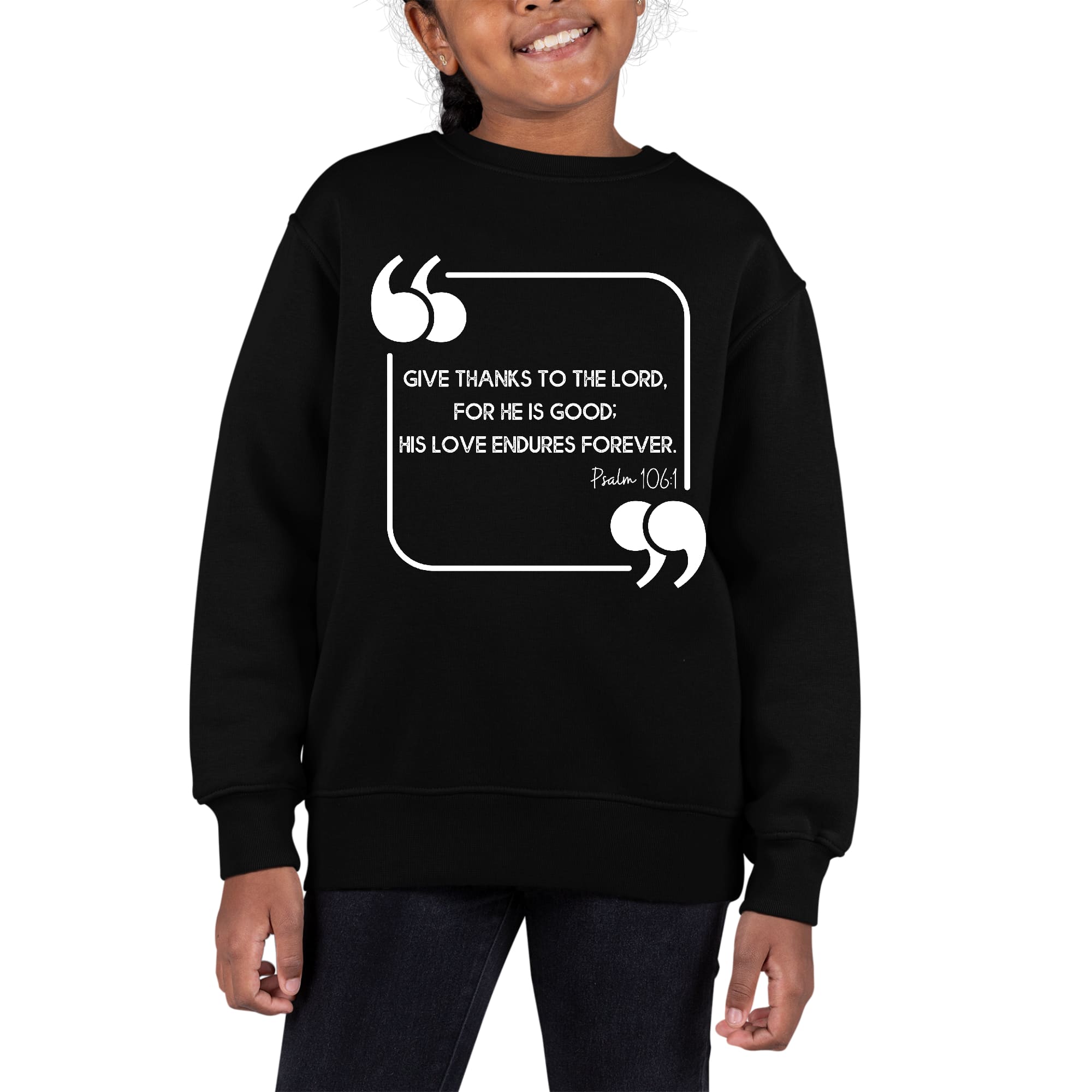 Youth graphic sweatshirt featuring 'Give Thanks to the Lord' design, showcasing a comfortable crewneck style with long sleeves.