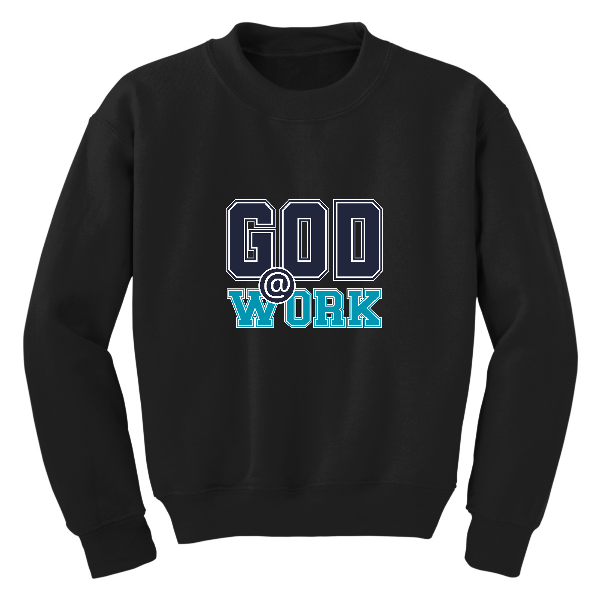 Youth Graphic Sweatshirt in navy blue with blue-green 'God @ Work' print, featuring ribbed collar and cuffs.