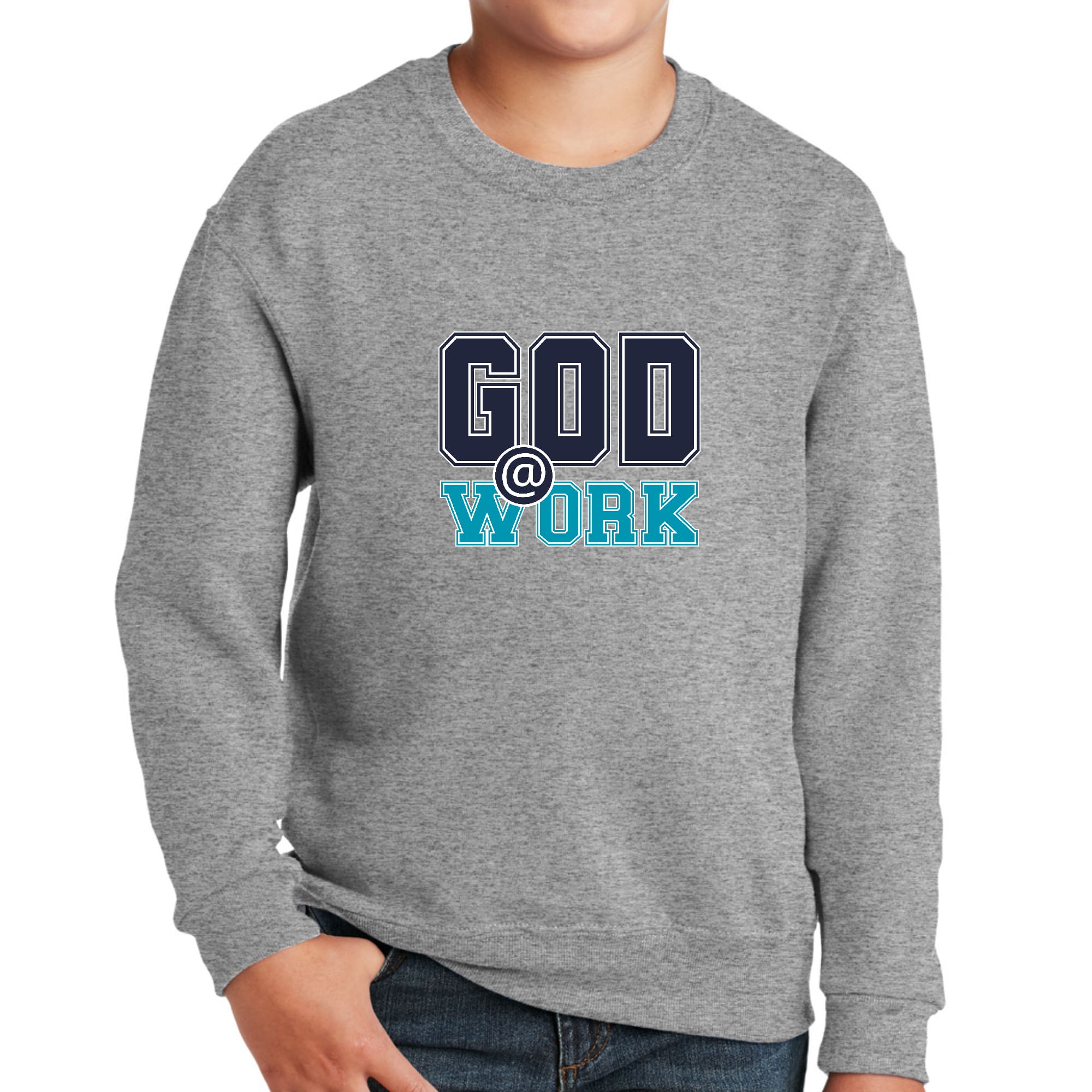 Youth Graphic Sweatshirt in navy blue with blue-green 'God @ Work' print, featuring ribbed collar and cuffs.