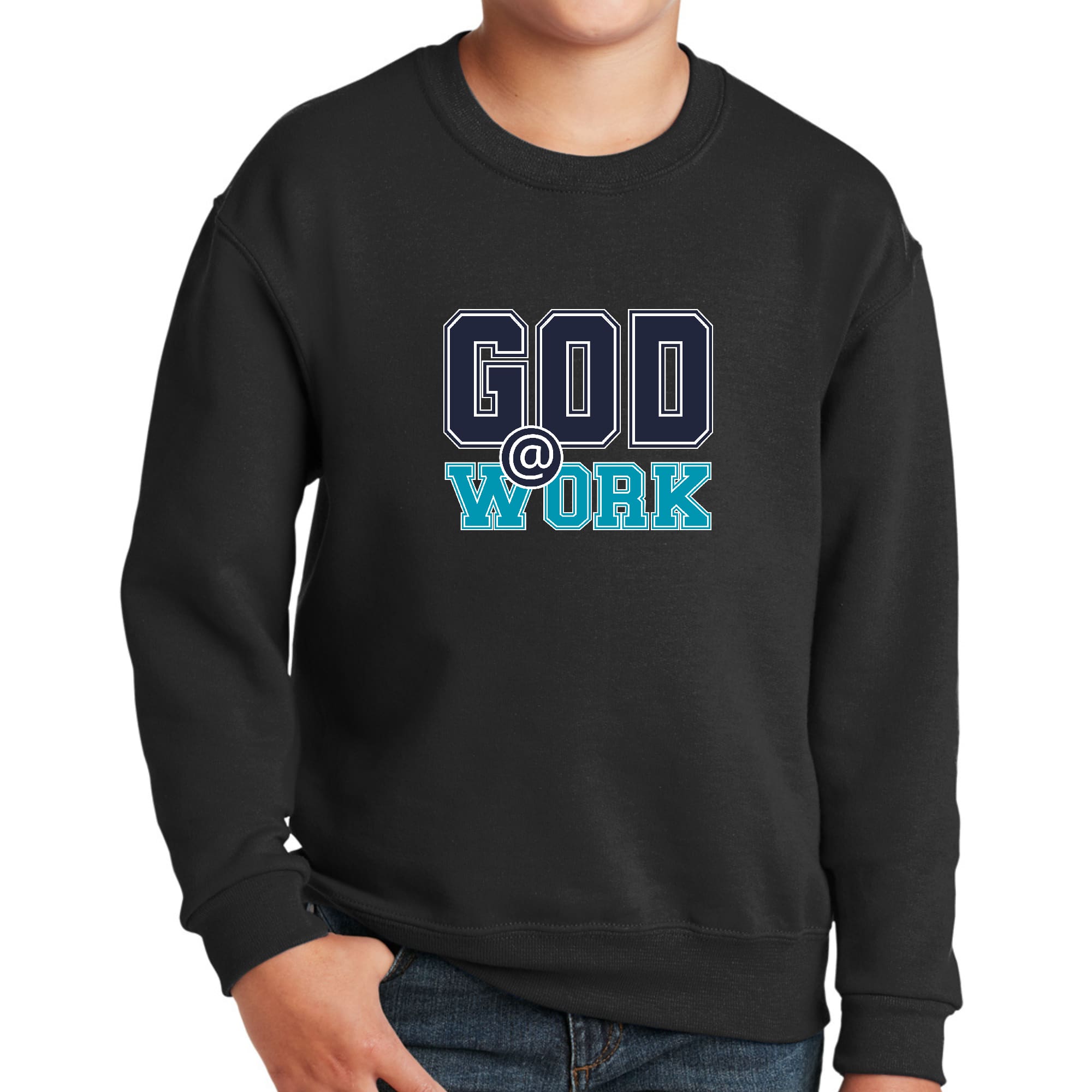 Youth Graphic Sweatshirt in navy blue with blue-green 'God @ Work' print, featuring ribbed collar and cuffs.