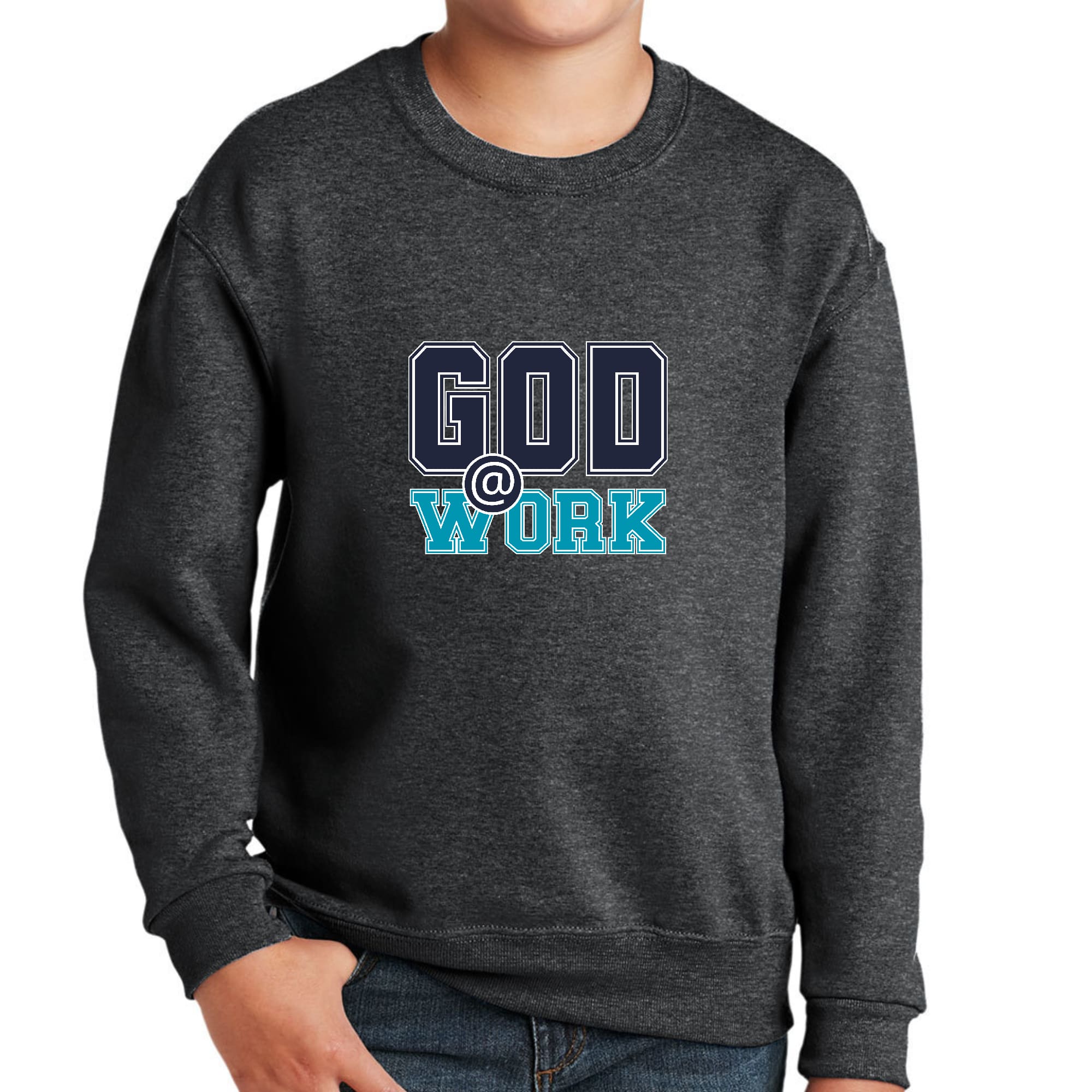 Youth Graphic Sweatshirt in navy blue with blue-green 'God @ Work' print, featuring ribbed collar and cuffs.