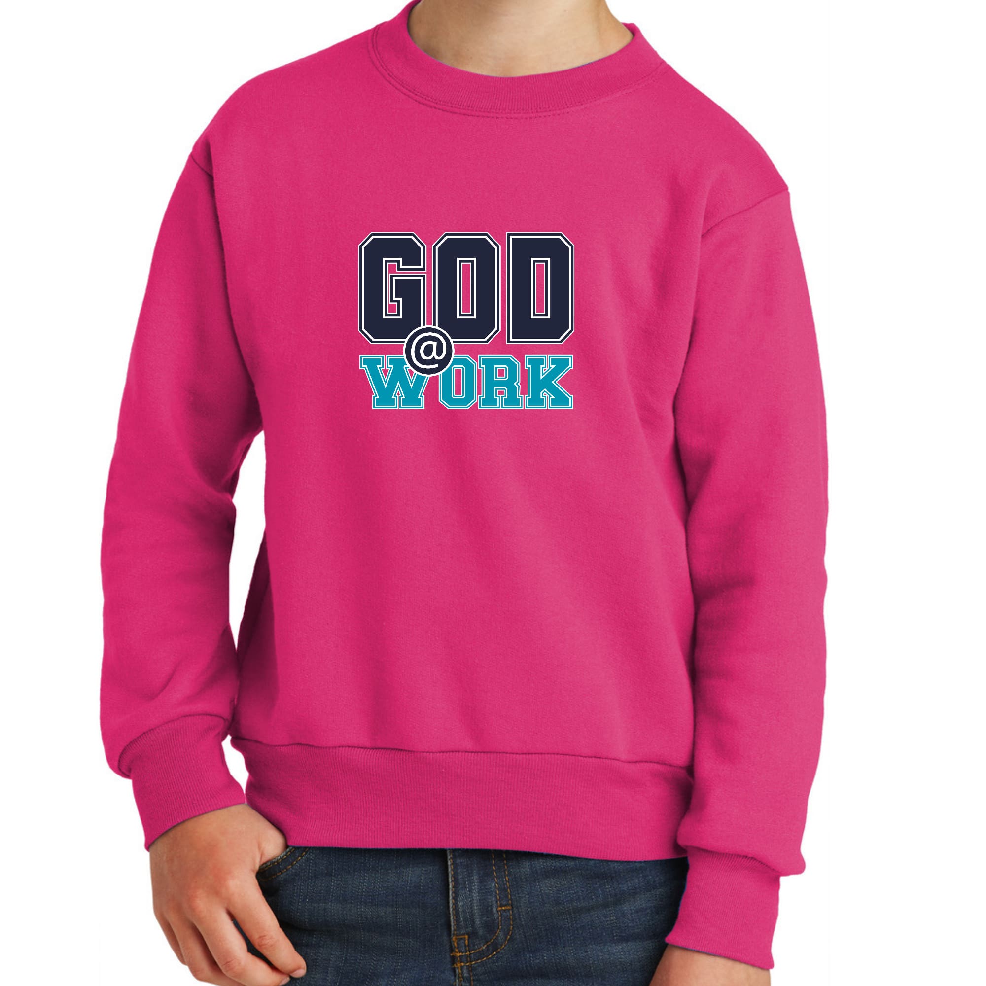 Youth Graphic Sweatshirt in navy blue with blue-green 'God @ Work' print, featuring ribbed collar and cuffs.