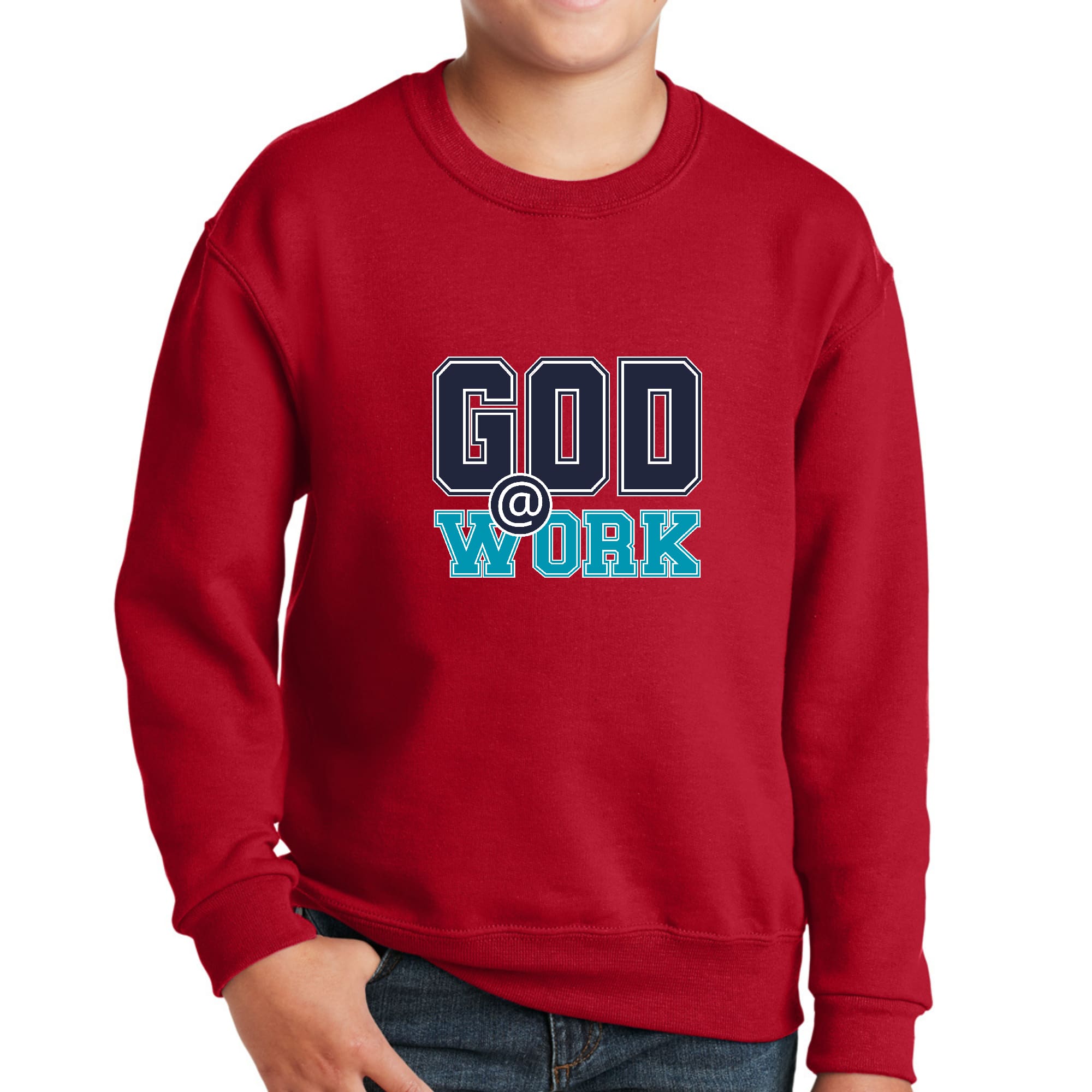 Youth Graphic Sweatshirt in navy blue with blue-green 'God @ Work' print, featuring ribbed collar and cuffs.