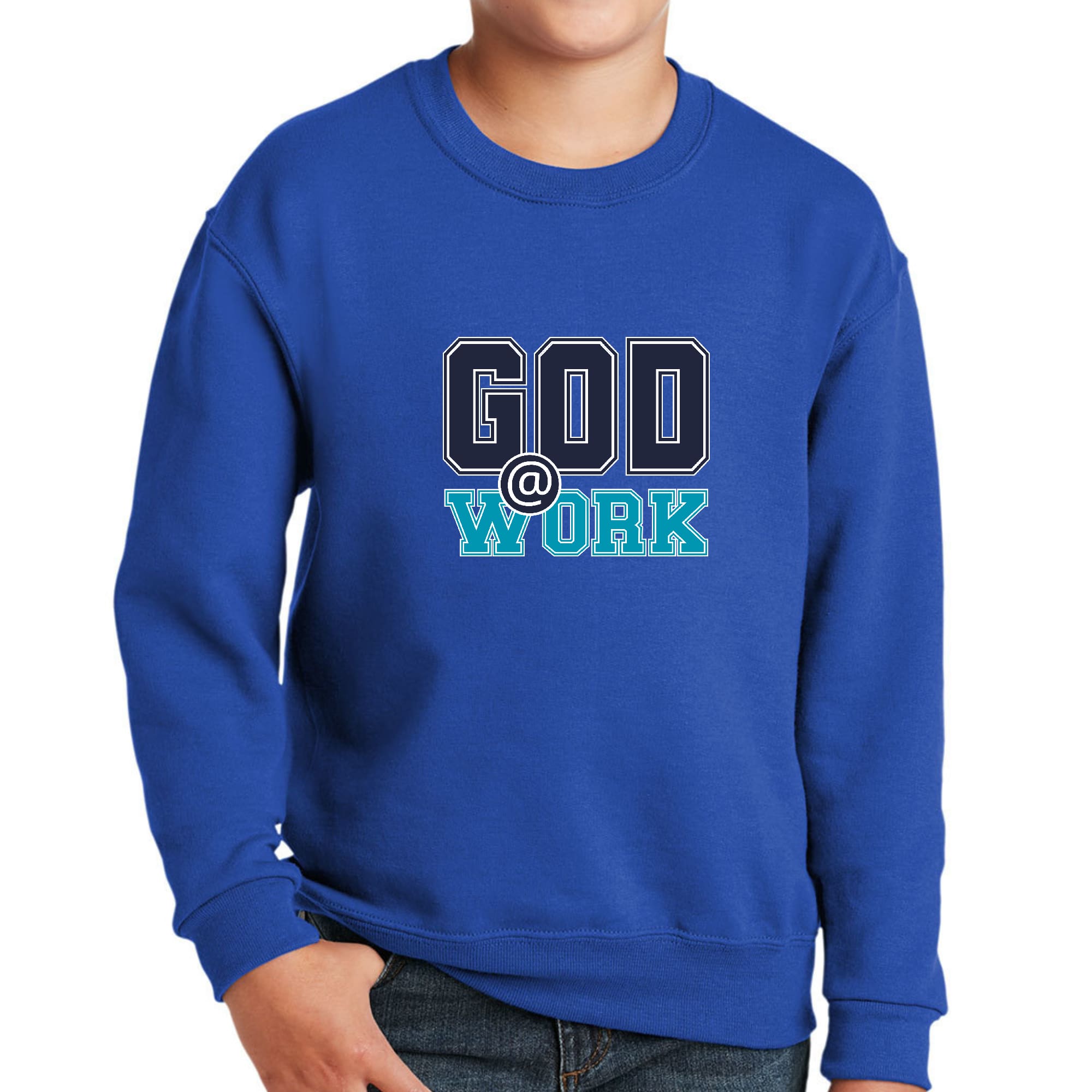 Youth Graphic Sweatshirt in navy blue with blue-green 'God @ Work' print, featuring ribbed collar and cuffs.