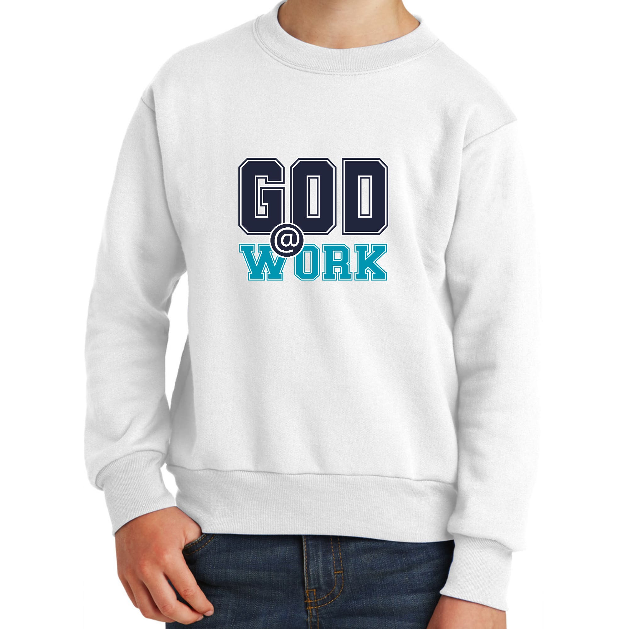 Youth Graphic Sweatshirt in navy blue with blue-green 'God @ Work' print, featuring ribbed collar and cuffs.