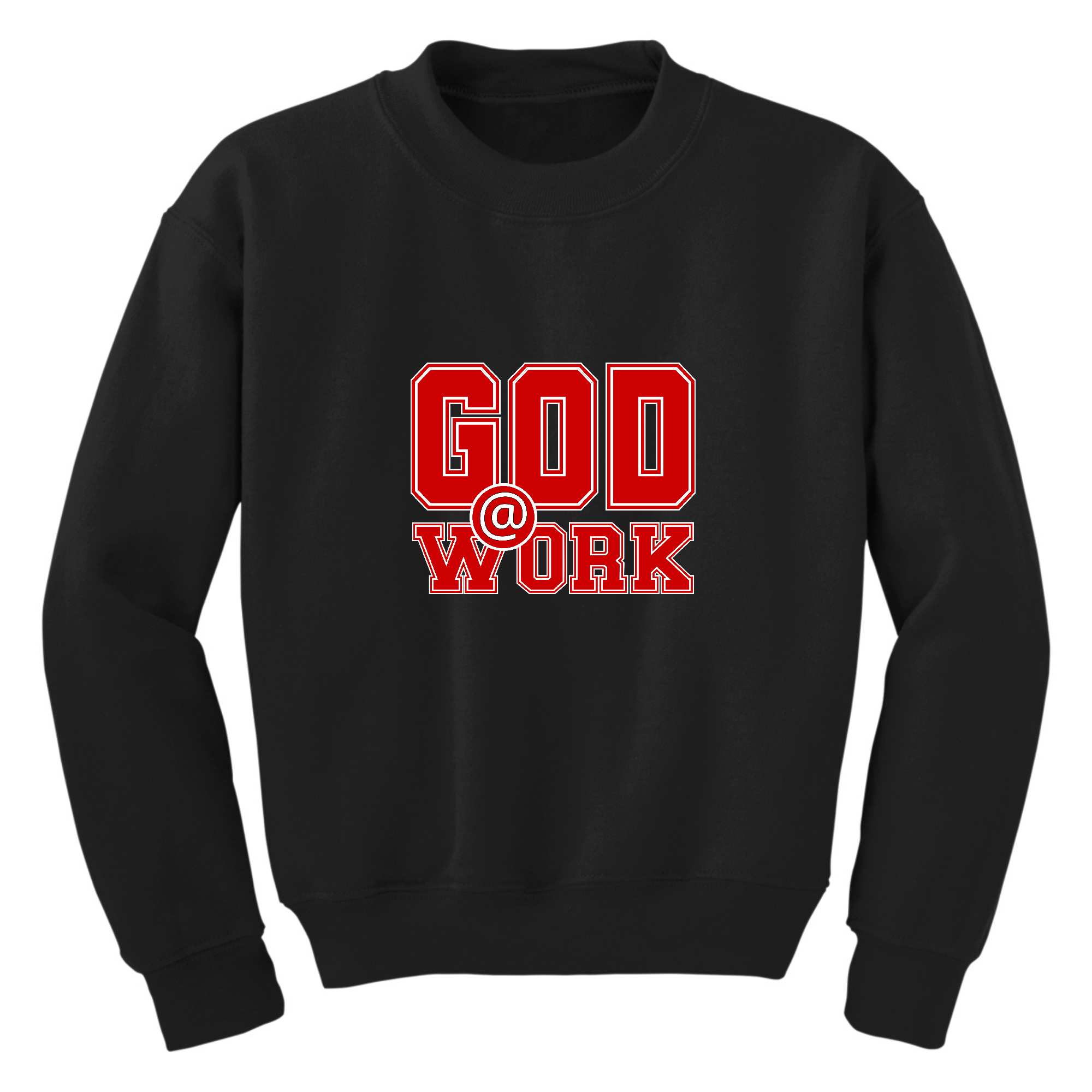 Youth Graphic Sweatshirt in red and white with 'God @ Work' print, featuring a crewneck design and long sleeves.
