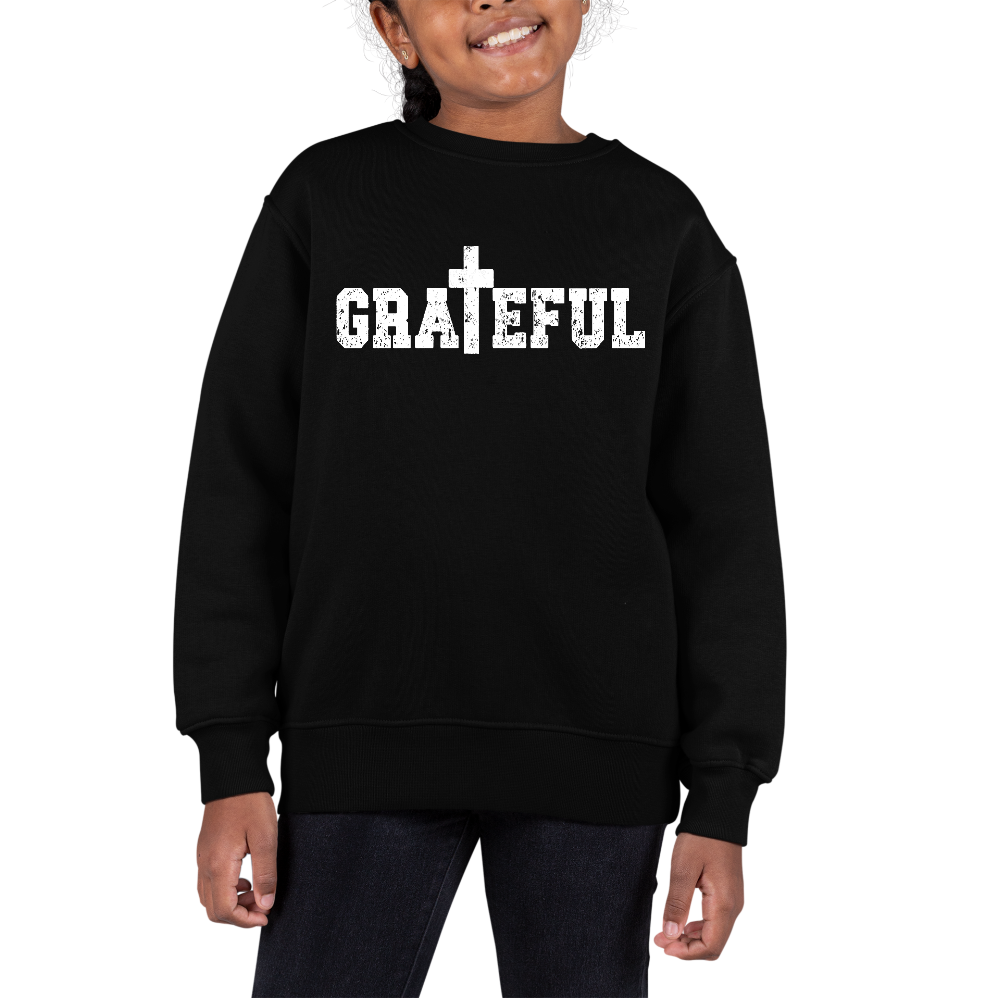 Youth Graphic Sweatshirt featuring a colorful Grateful Print, designed for girls with long sleeves and a comfortable crewneck style.