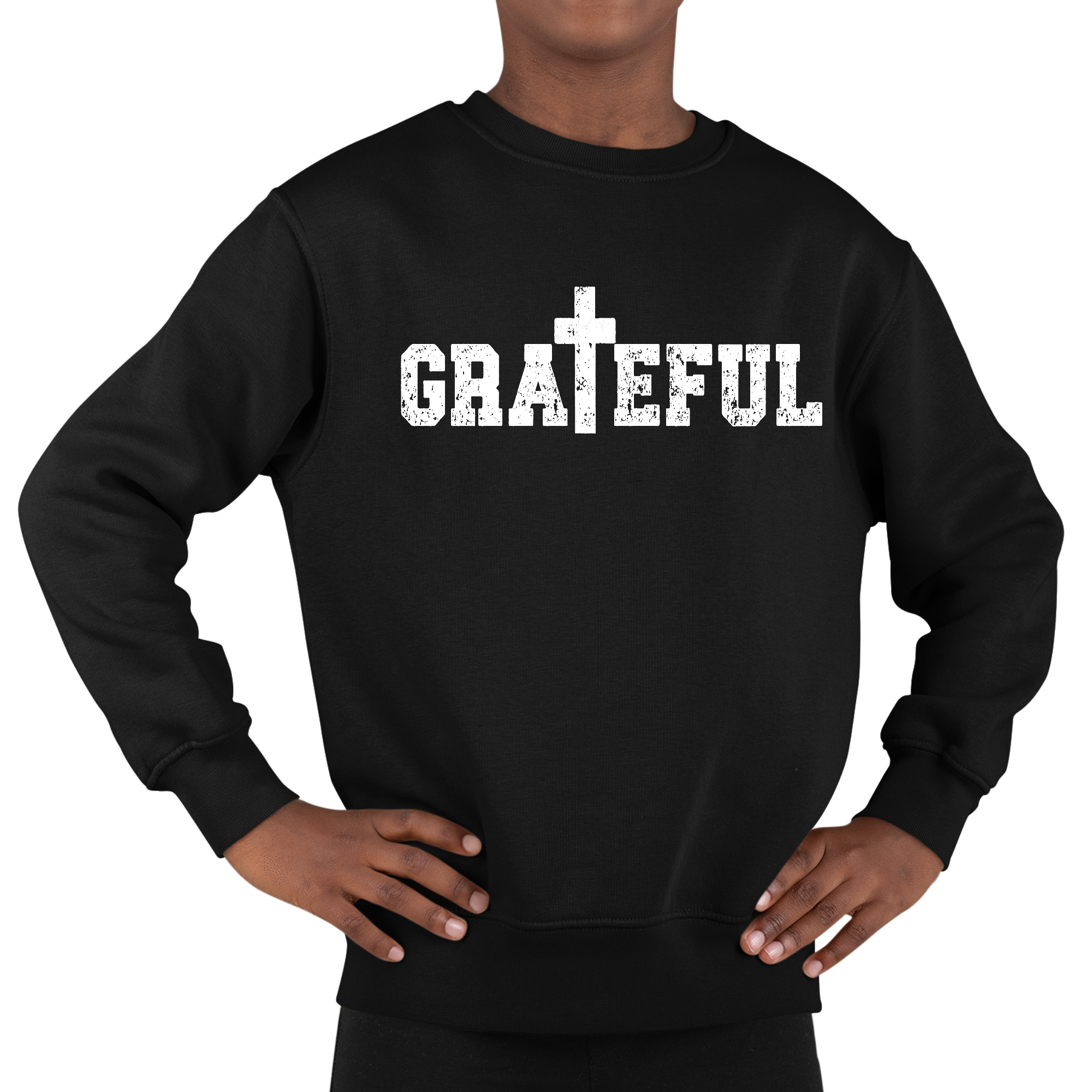Youth graphic sweatshirt featuring a grateful print, showcasing a comfortable crewneck design with ribbed collar and cuffs.
