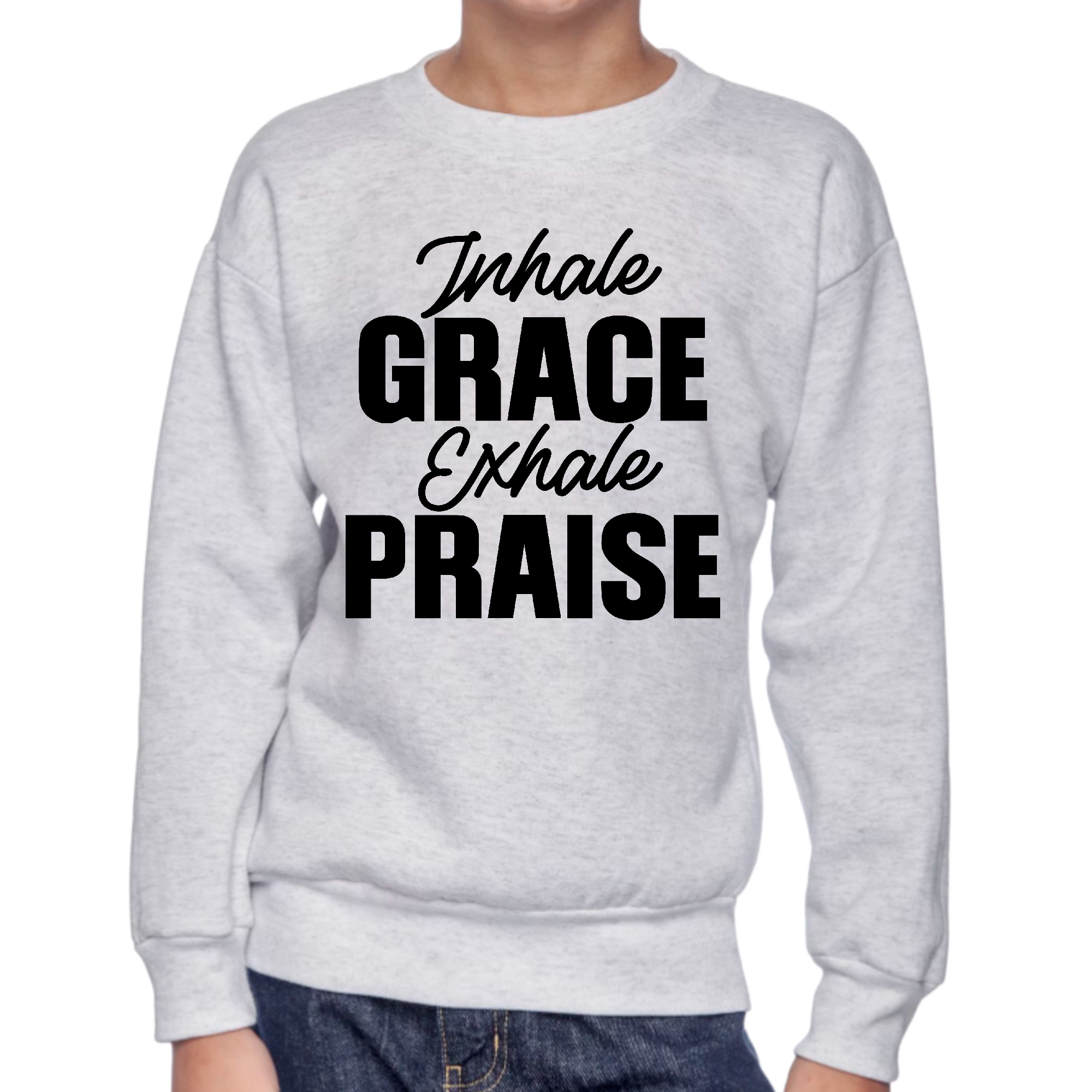Youth graphic sweatshirt in black featuring 'Inhale Grace Exhale Praise' illustration, designed for boys with long sleeves and ribbed details.