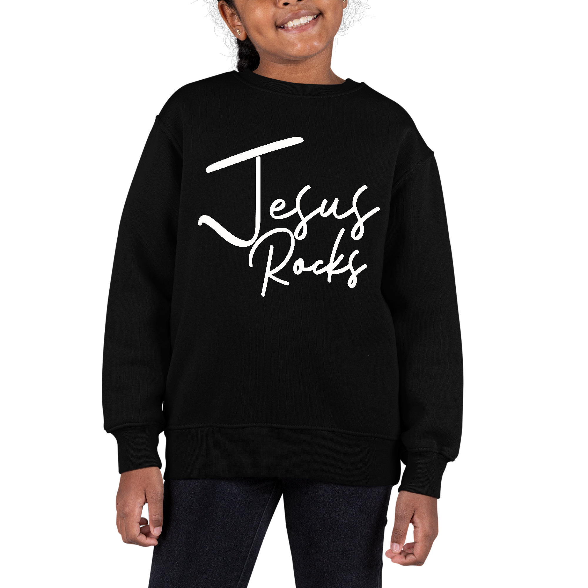 Youth Graphic Sweatshirt featuring a vibrant Jesus Rocks print, designed for comfort and style.