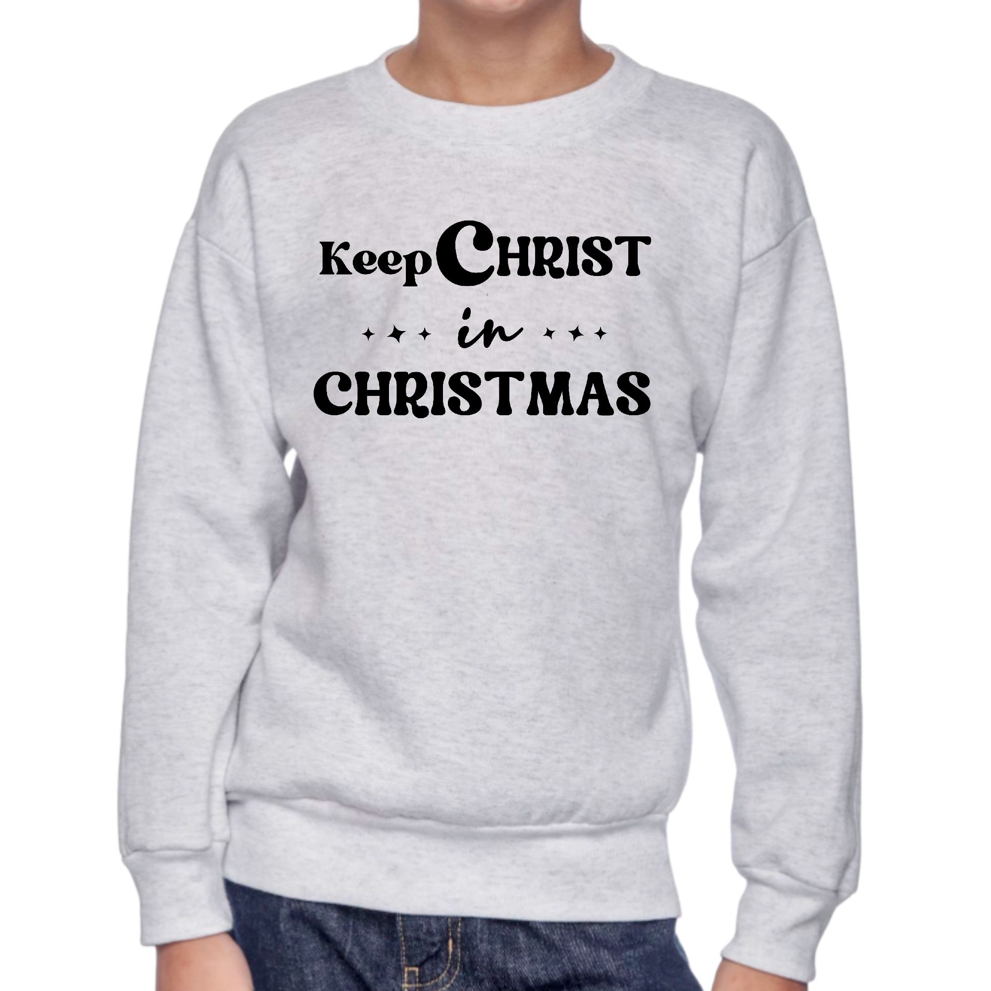 Youth graphic sweatshirt featuring 'Keep Christ in Christmas' design, perfect for boys during the holiday season.
